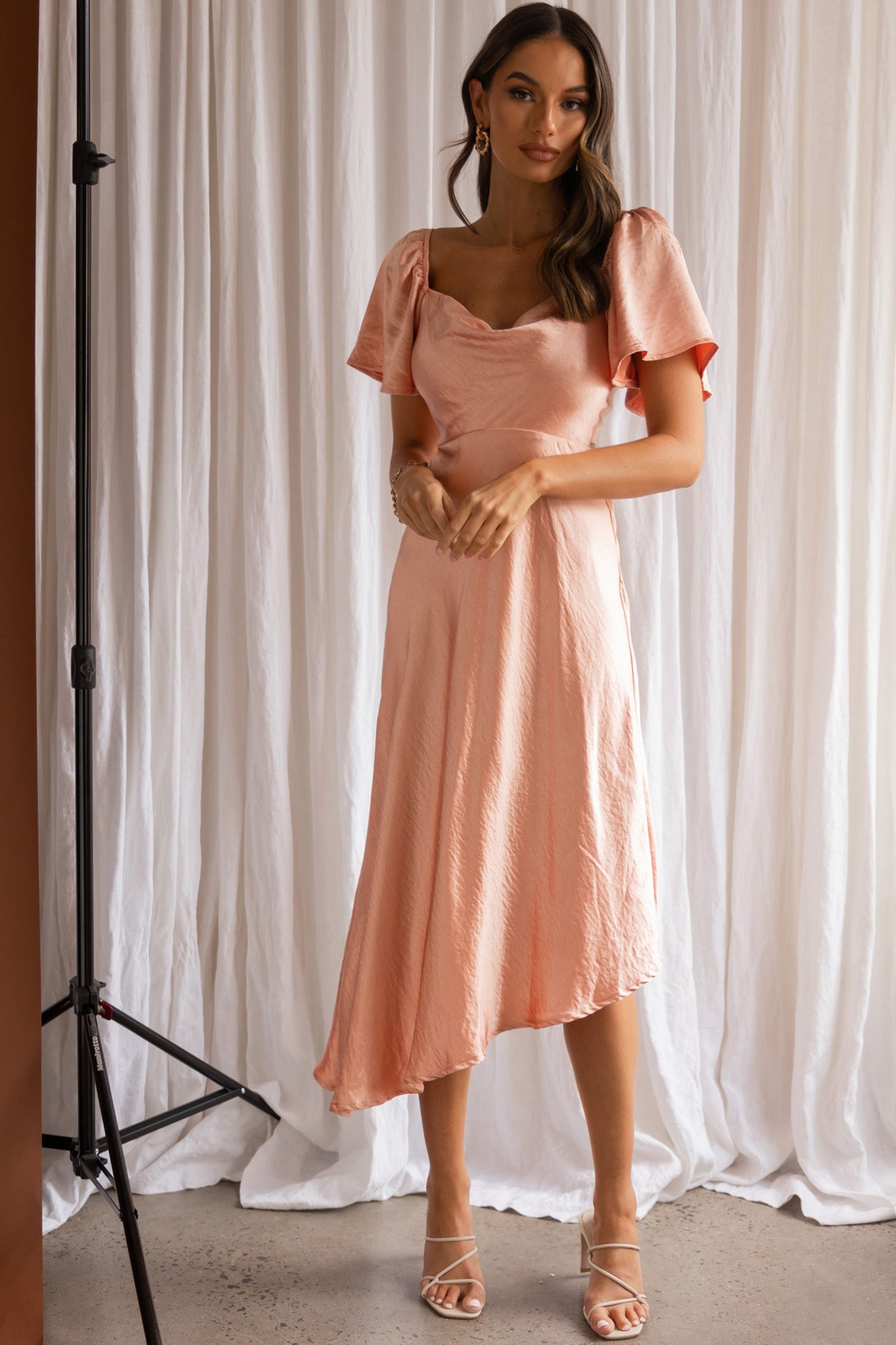 Grayson Tied Back Asymmetrical Midi Dress Peach-Maymioy