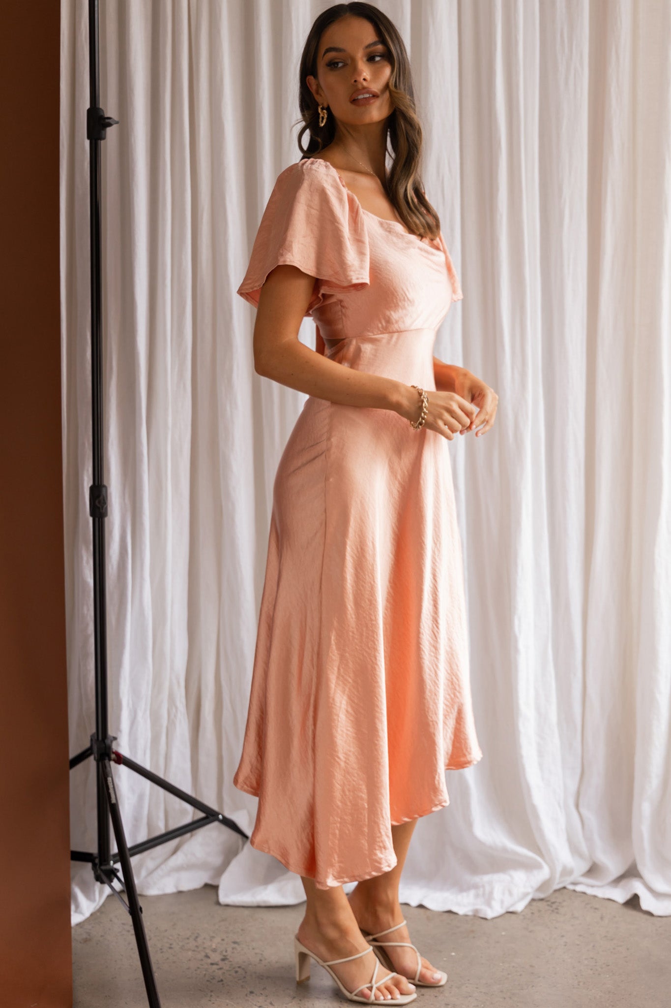Grayson Tied Back Asymmetrical Midi Dress Peach-Maymioy