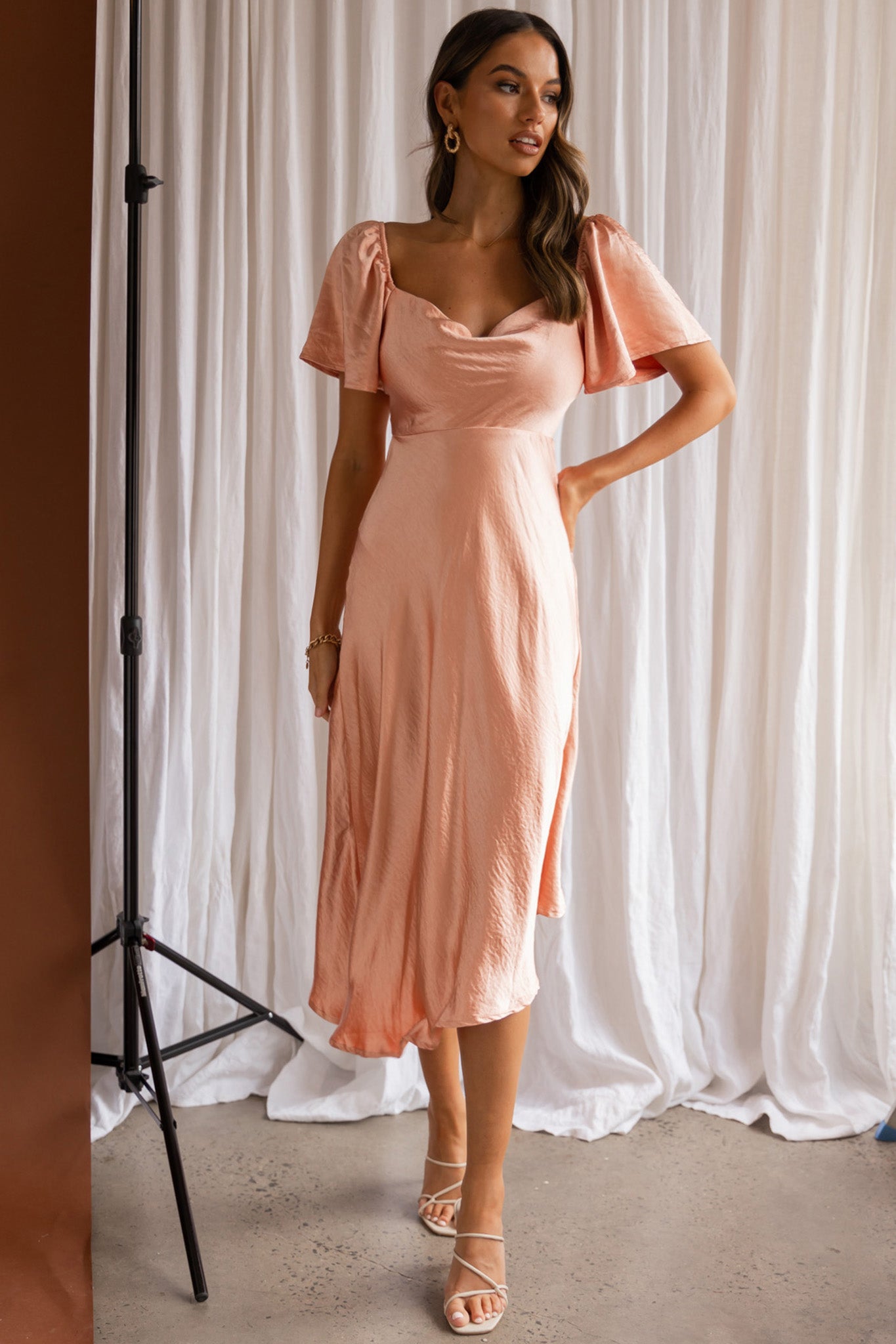Grayson Tied Back Asymmetrical Midi Dress Peach-Maymioy