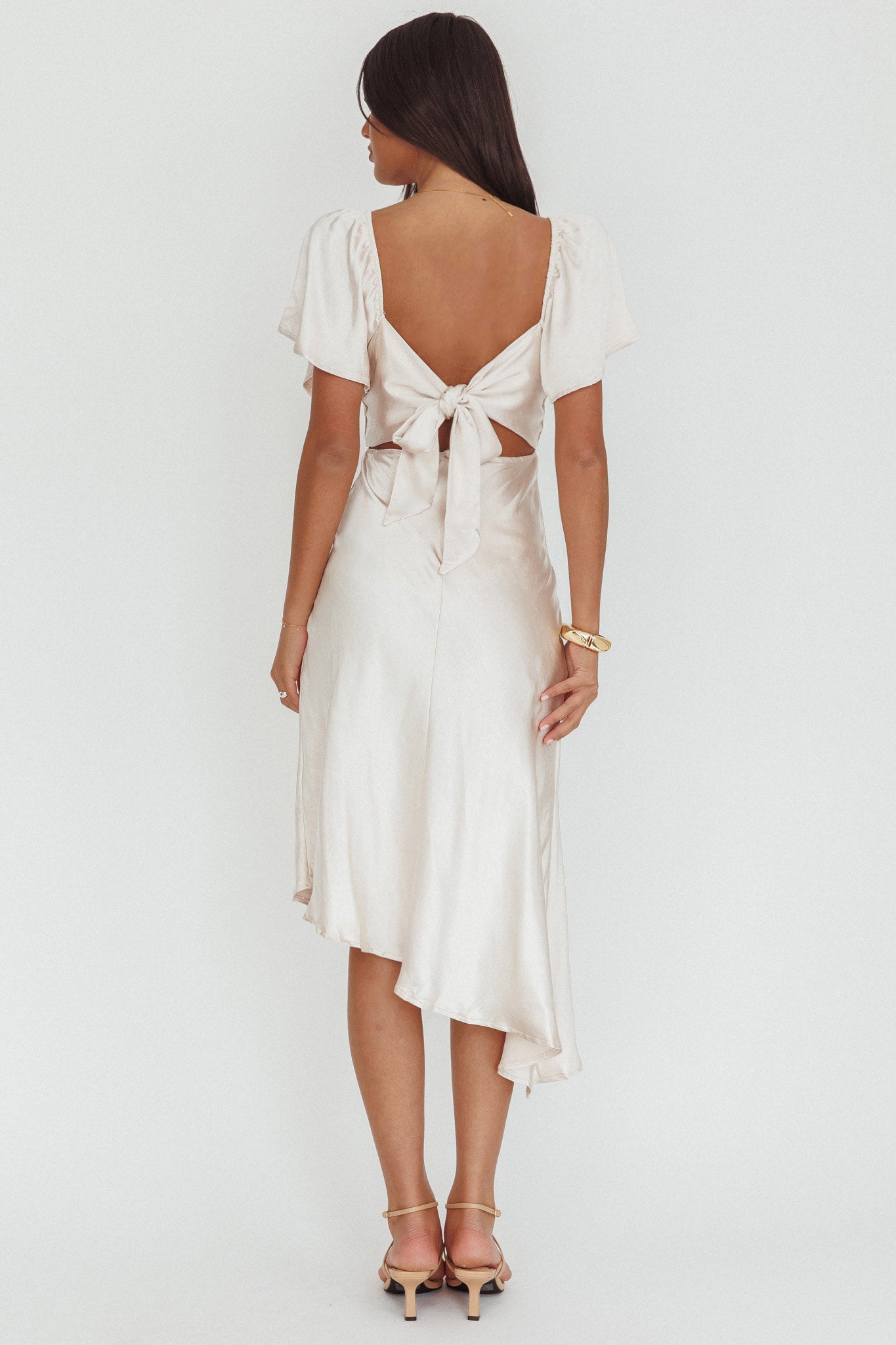 Grayson Tied Back Asymmetrical Midi Dress Champagne-Maymioy