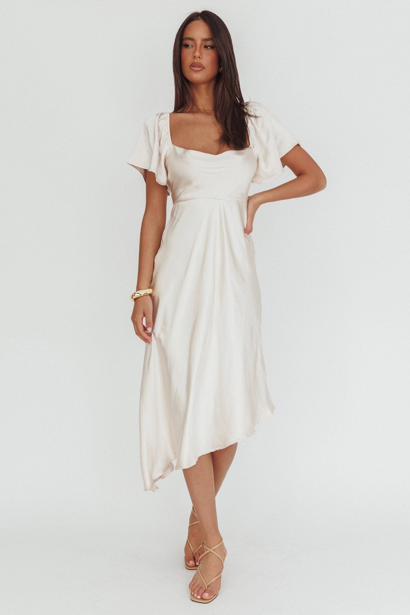 Grayson Tied Back Asymmetrical Midi Dress Champagne-Maymioy