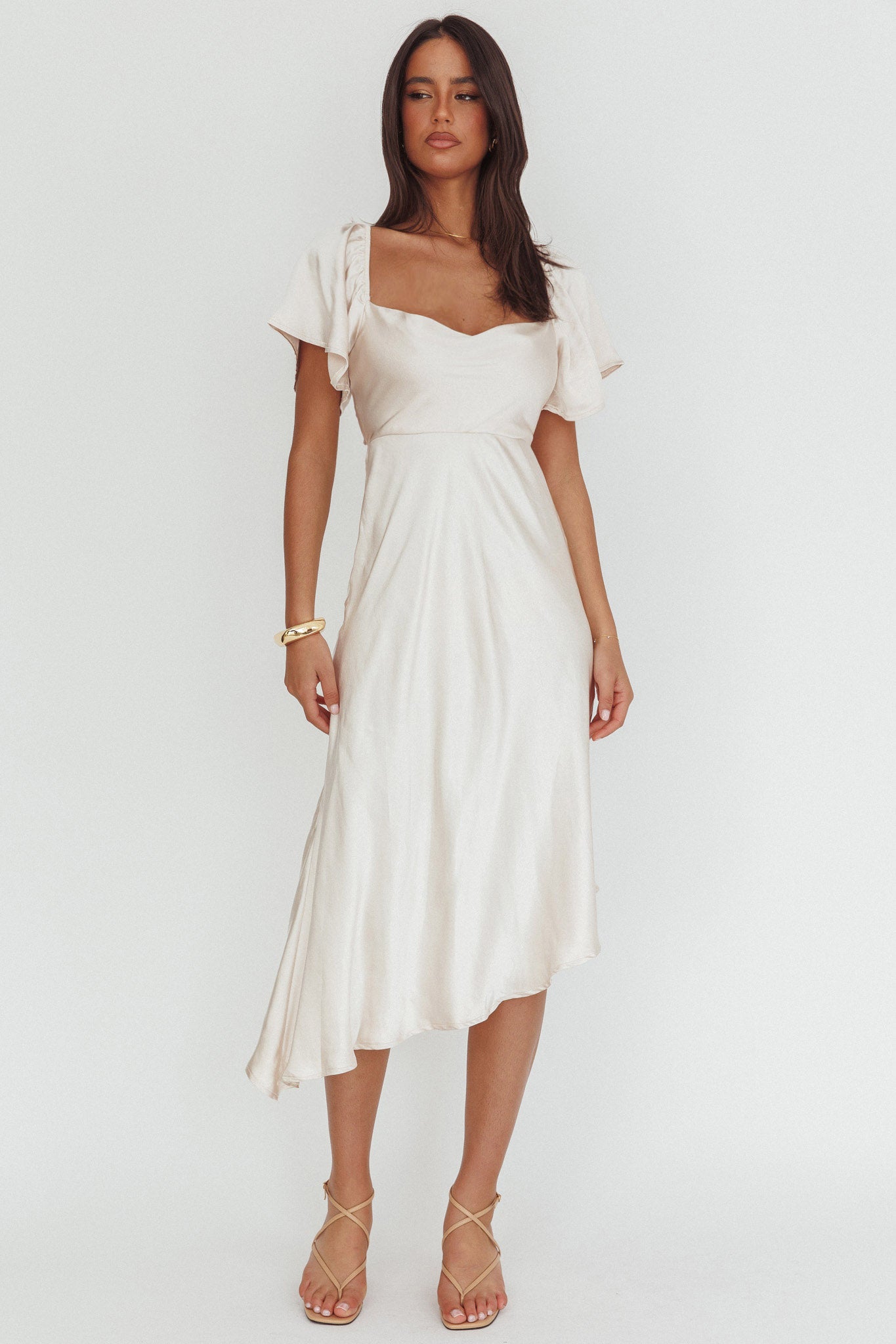 Grayson Tied Back Asymmetrical Midi Dress Champagne-Maymioy