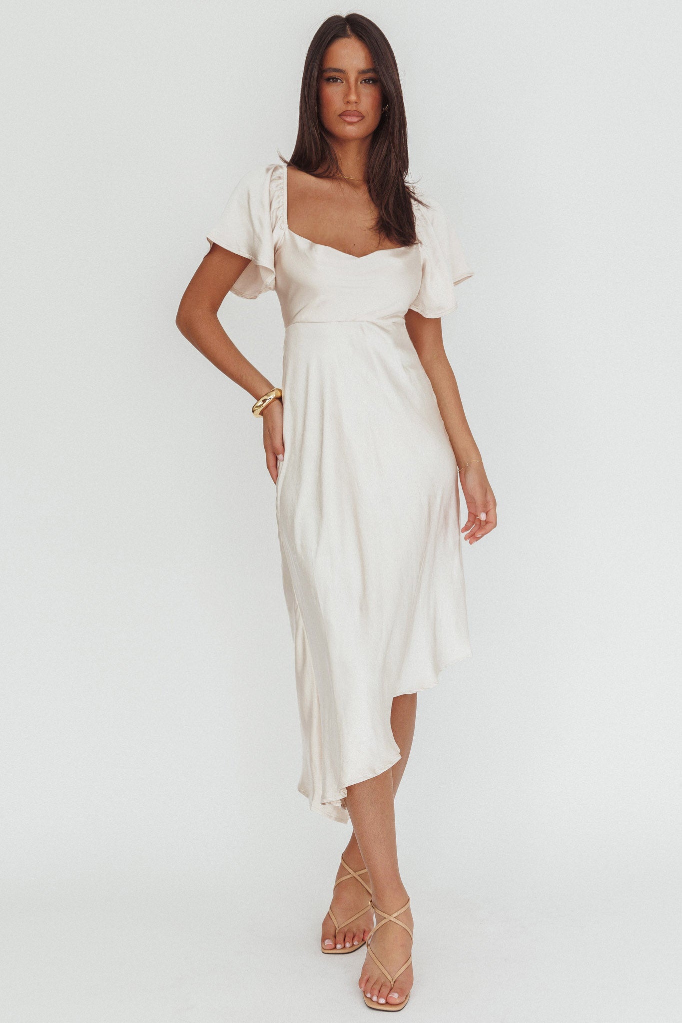 Grayson Tied Back Asymmetrical Midi Dress Champagne-Maymioy