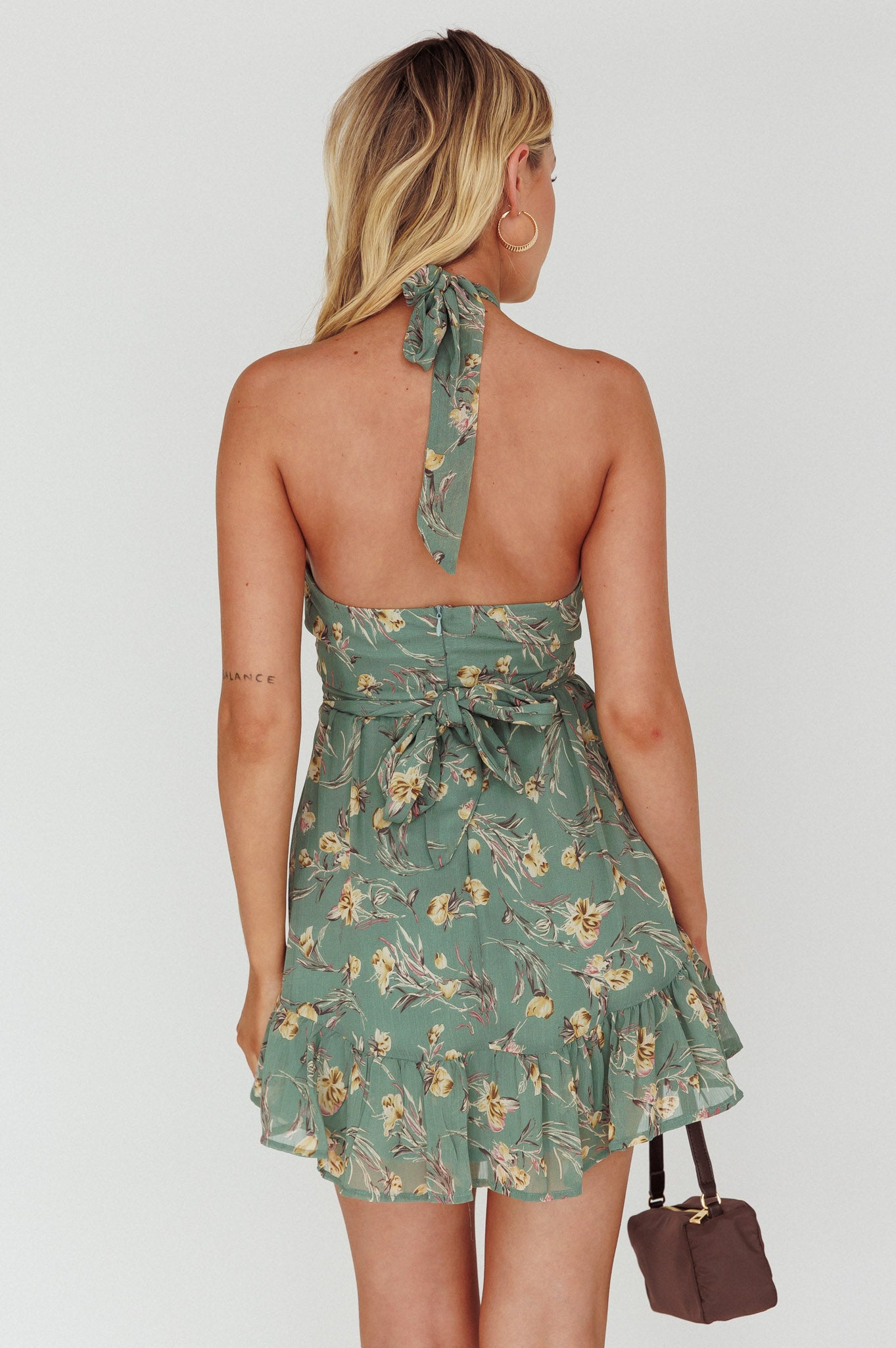 Chase Me Halterneck Mini Dress Floral Sage-Maymioy