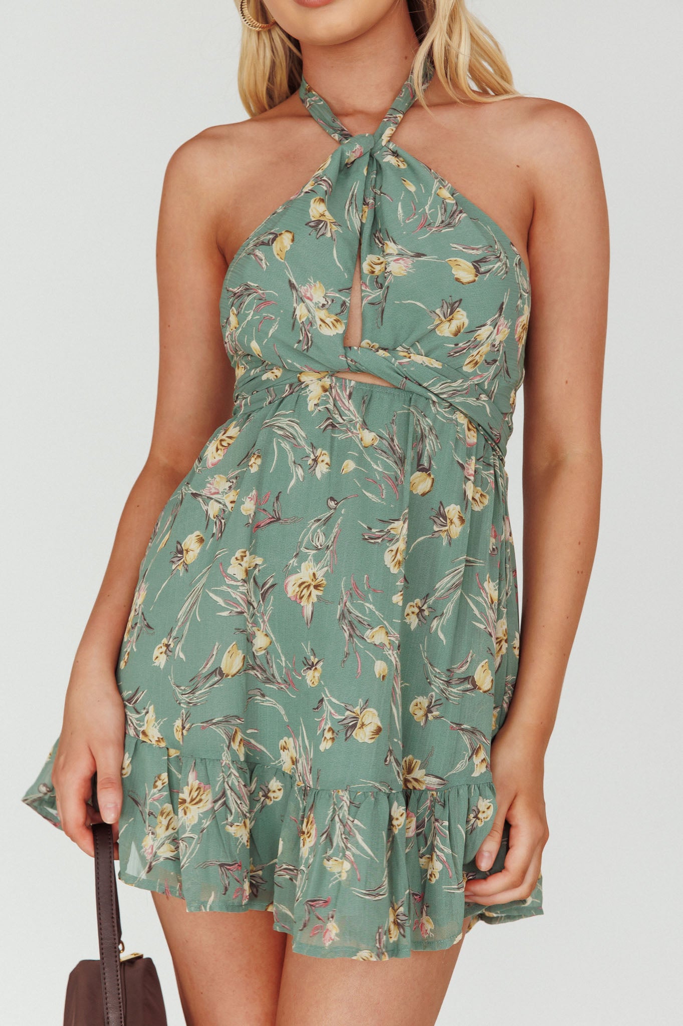 Chase Me Halterneck Mini Dress Floral Sage-Maymioy