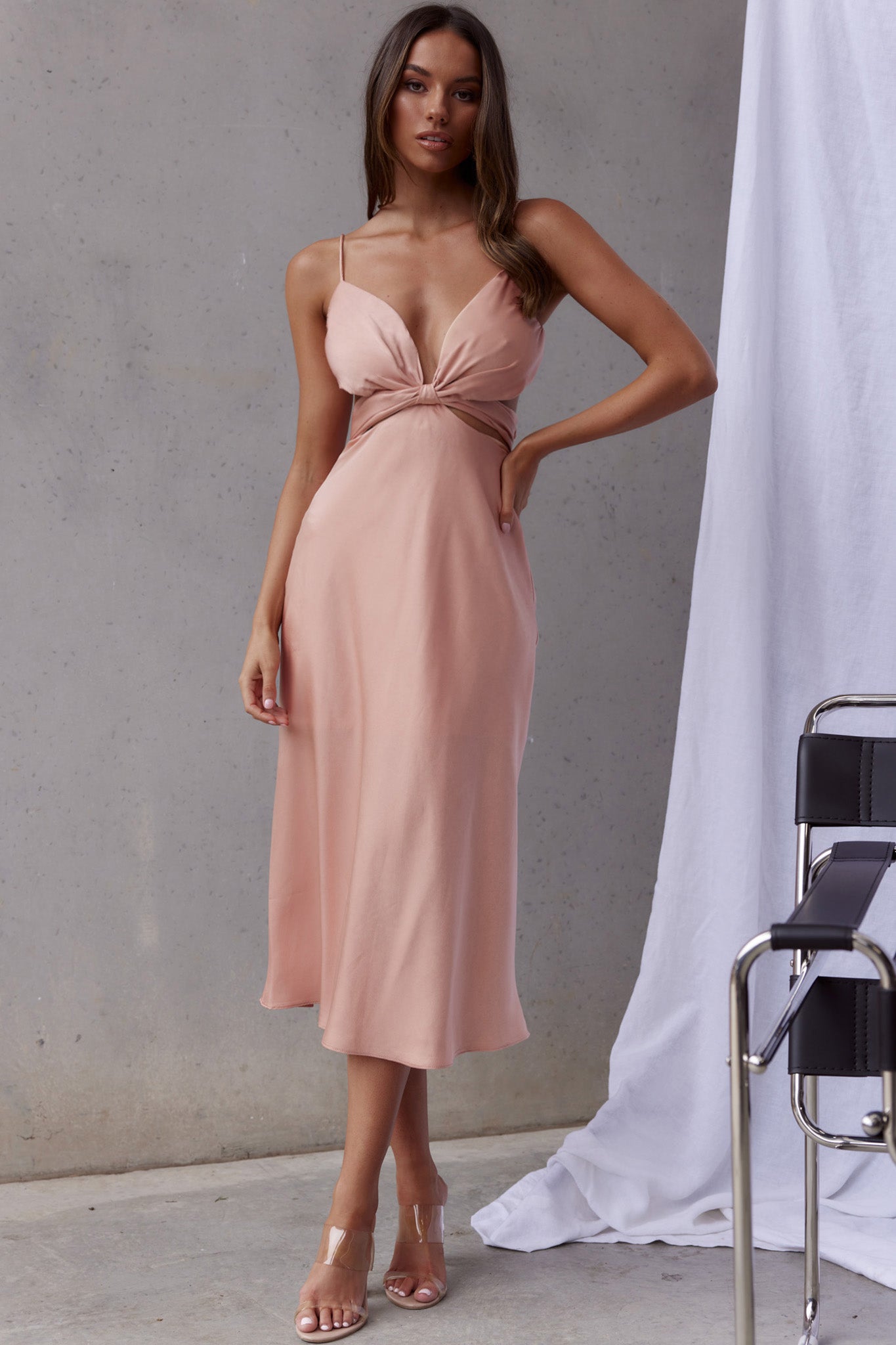 Dance With Me Crossover Bust Midi Dress Peach-Maymioy
