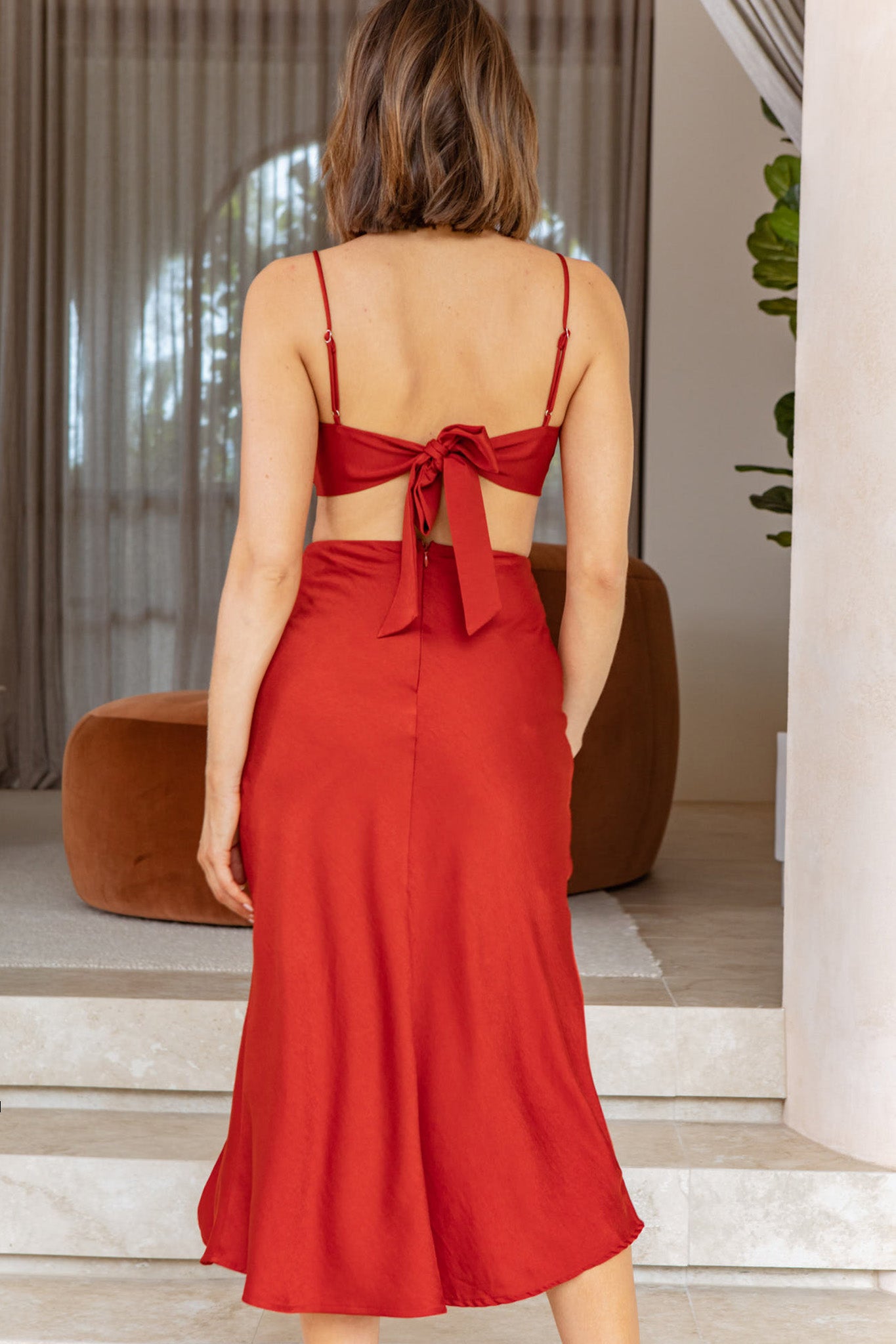 Mary Jane Gathered Bust Tie Back Midi Dress Copper-Maymioy
