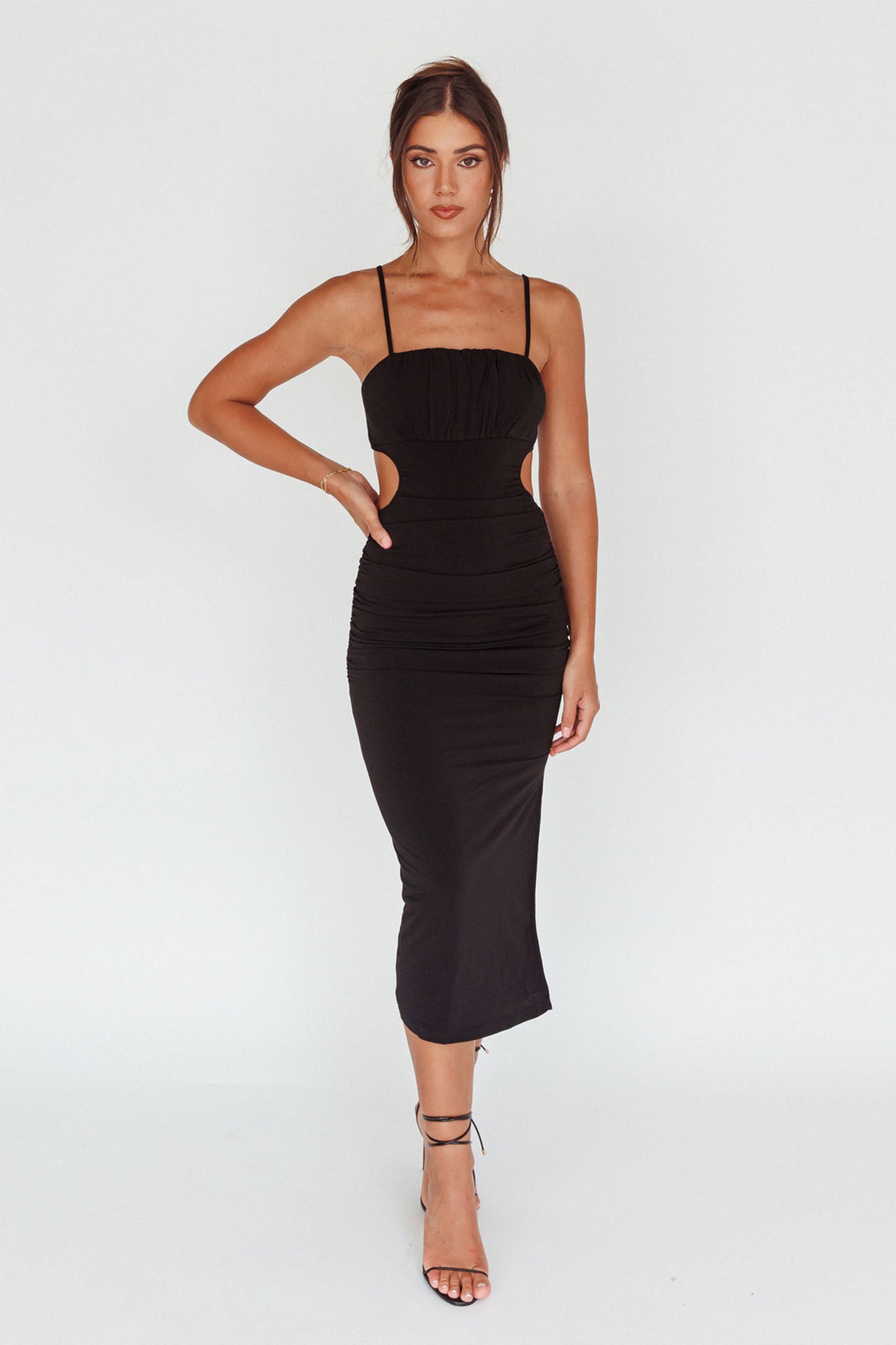 Mary Jane Gathered Bust Tie Back Midi Dress Black-Maymioy