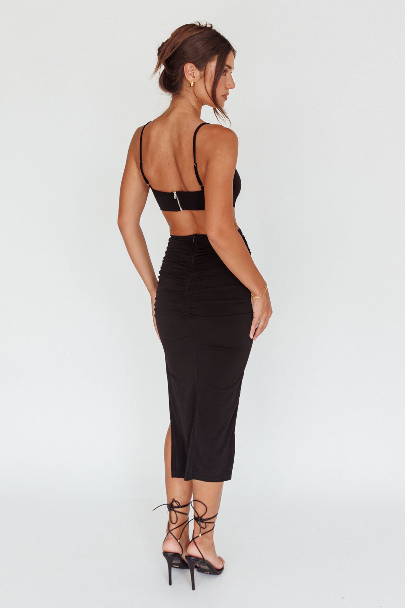 Mary Jane Gathered Bust Tie Back Midi Dress Black-Maymioy