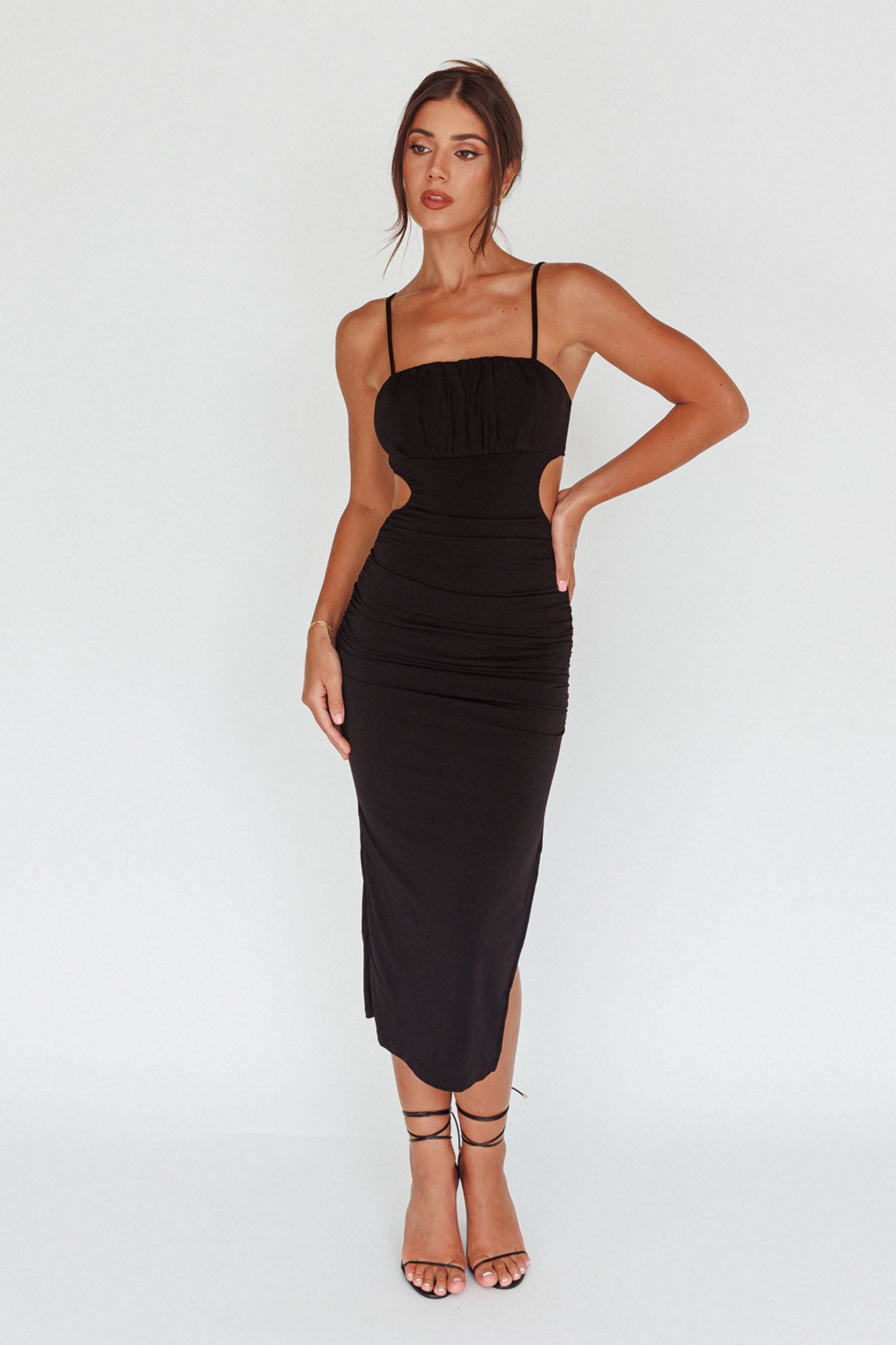 Mary Jane Gathered Bust Tie Back Midi Dress Black-Maymioy