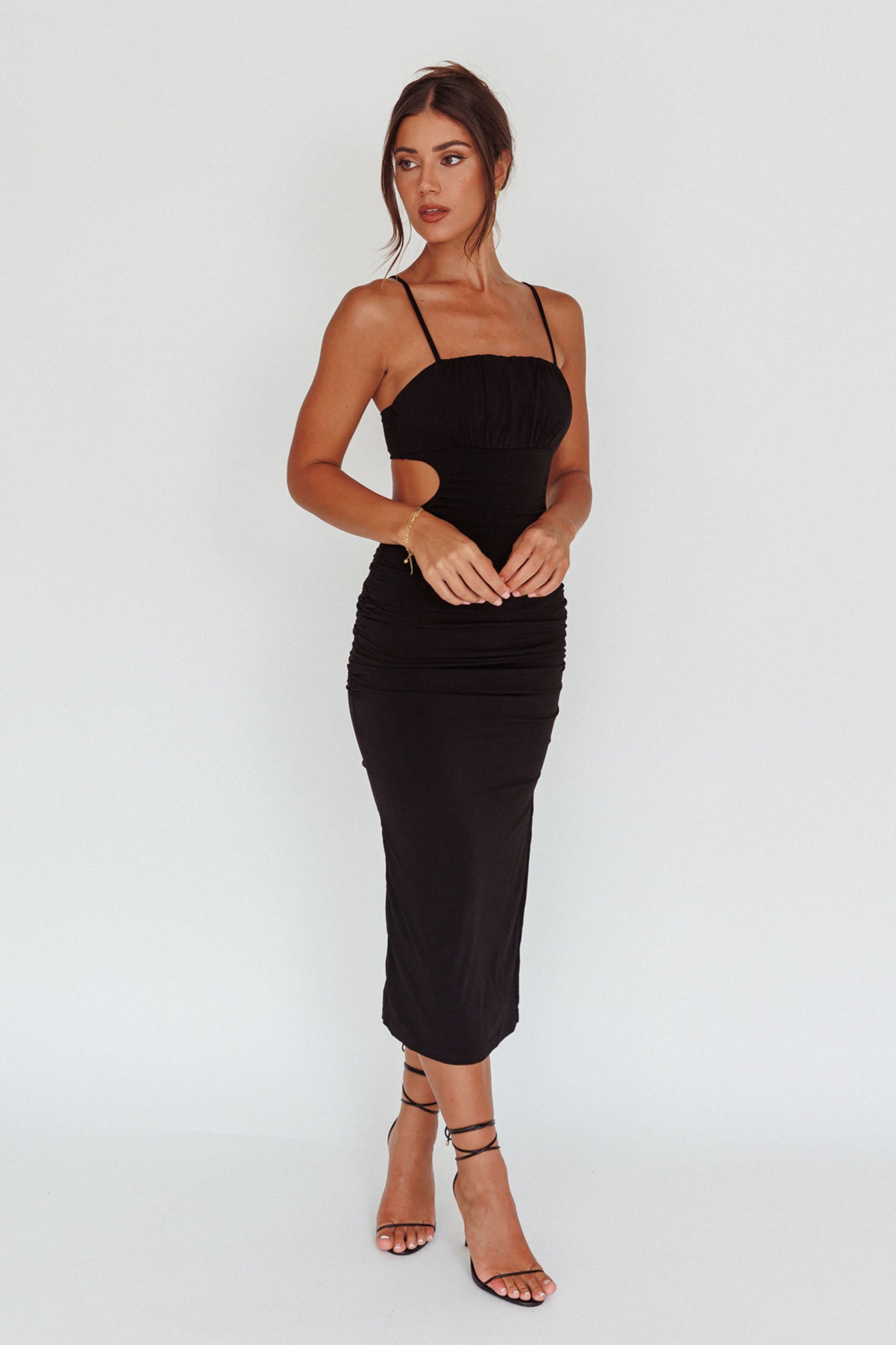 Mary Jane Gathered Bust Tie Back Midi Dress Black-Maymioy