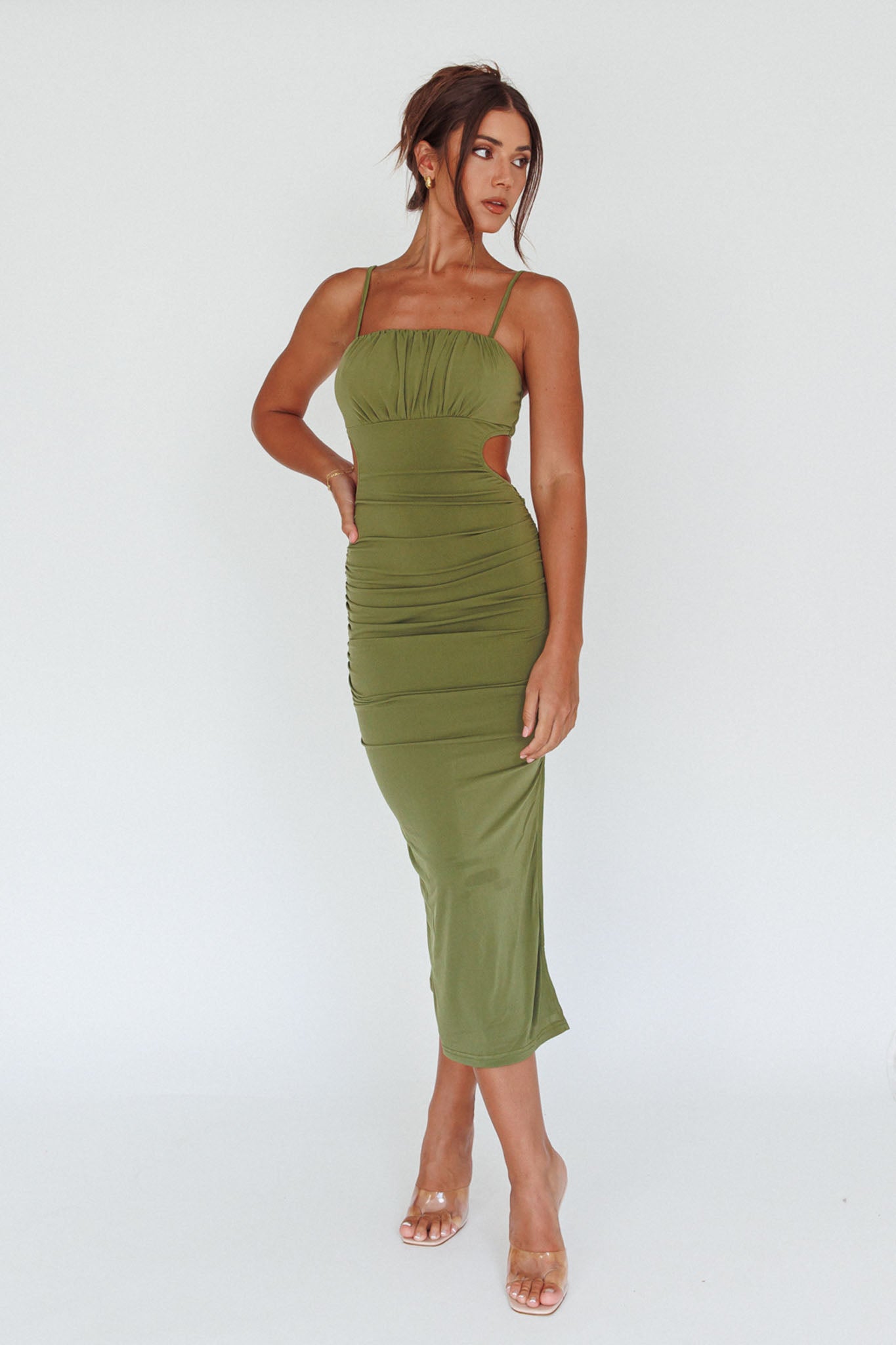 Mary Jane Gathered Bust Tie Back Midi Dress Olive-Maymioy