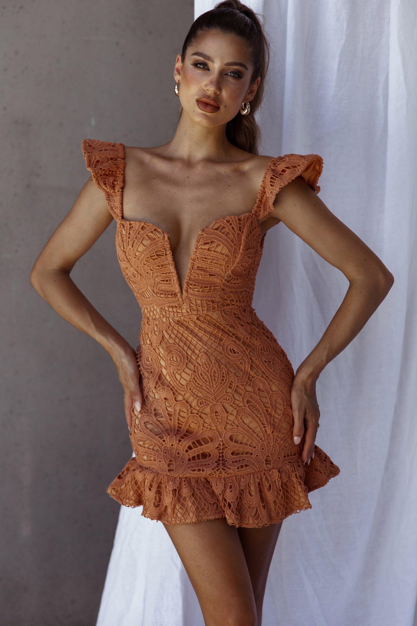 Mon Papillon Lace Mini Dress Apricot-Maymioy