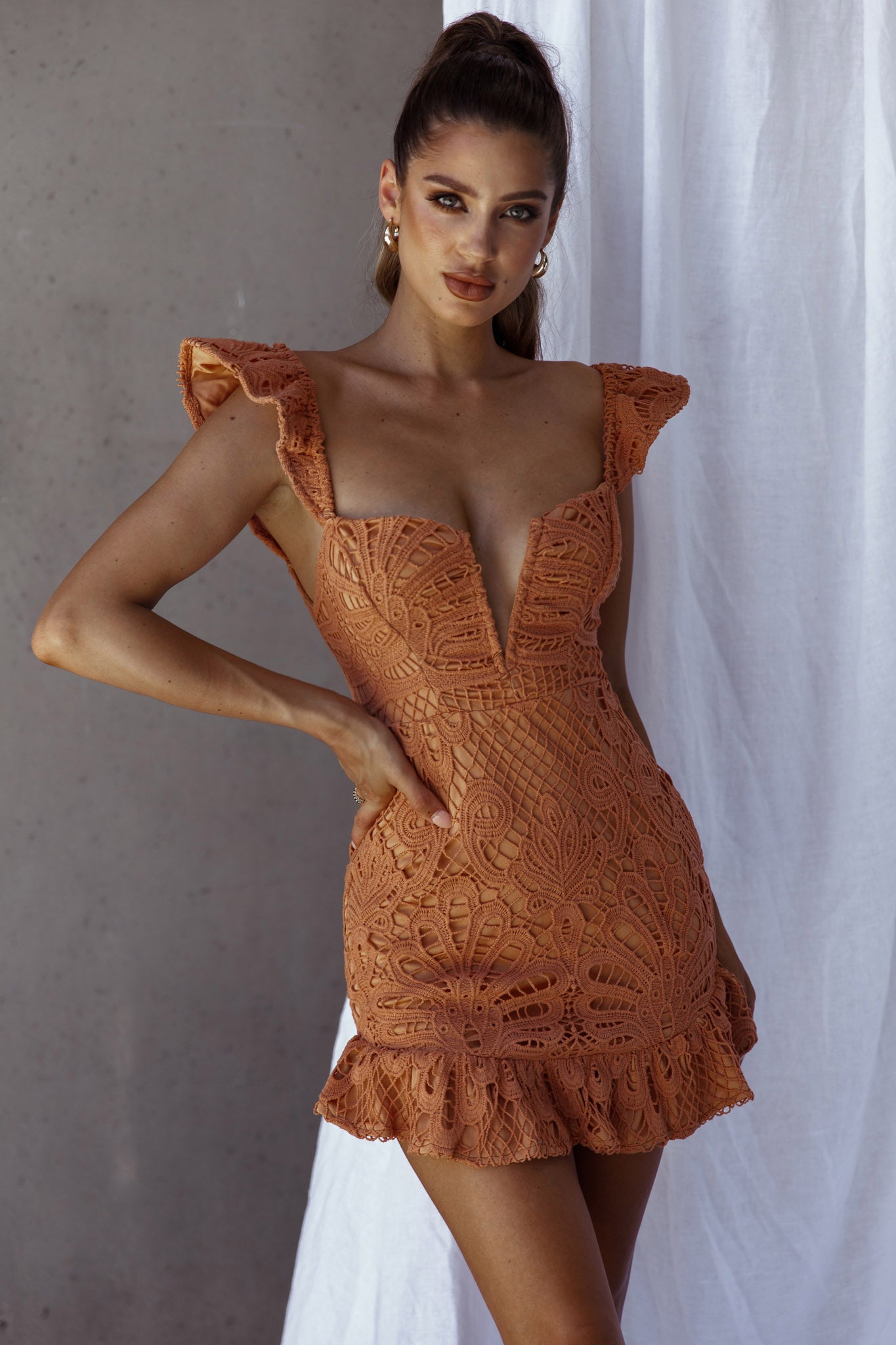 Mon Papillon Lace Mini Dress Apricot-Maymioy