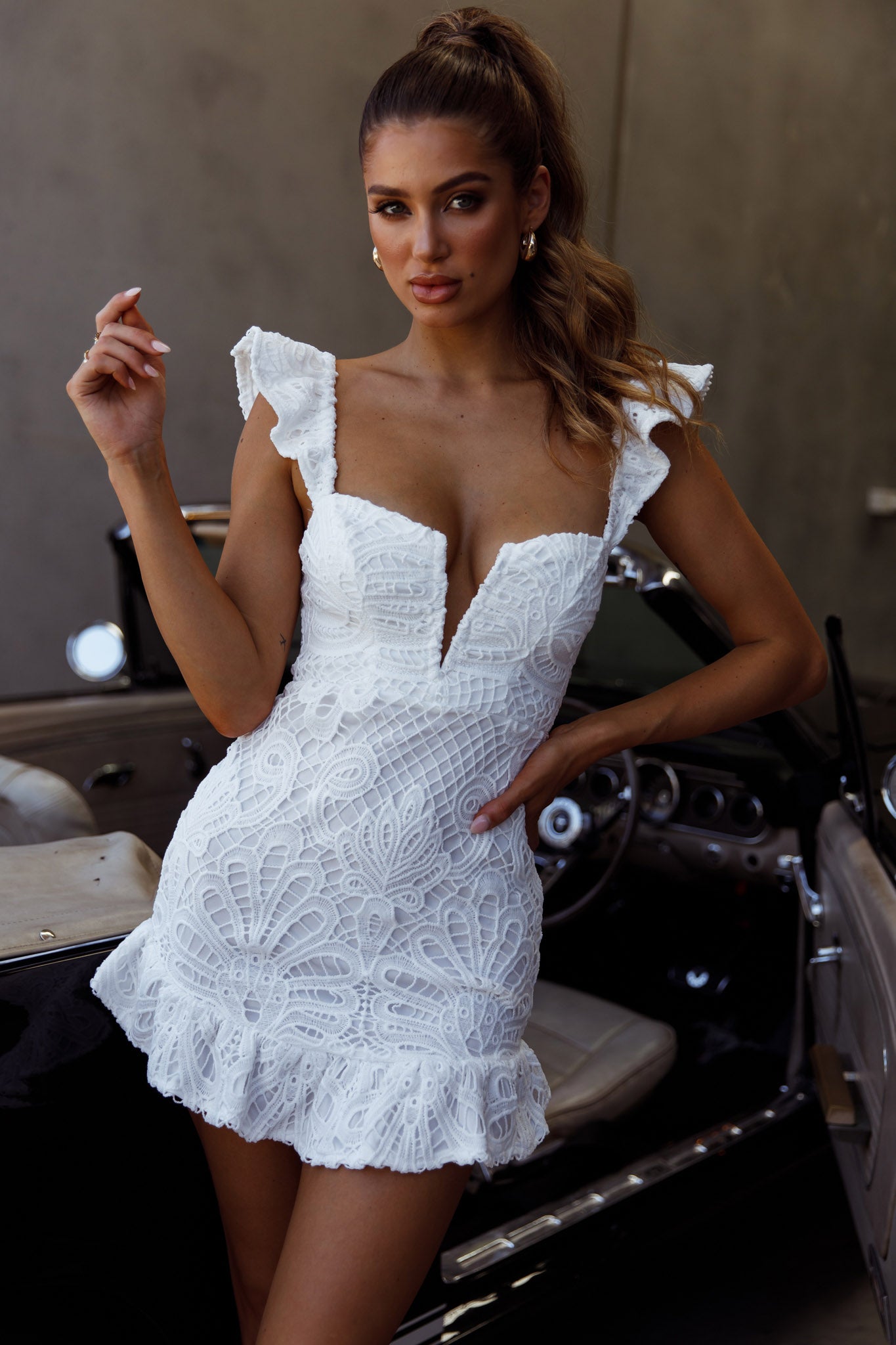 Mon Papillon Lace Mini Dress White-Maymioy