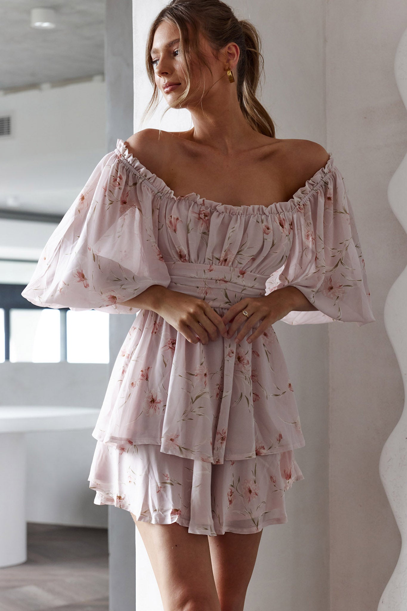 Forever Bloom Off-Shoulder Mini Dress Floral Pink-Maymioy