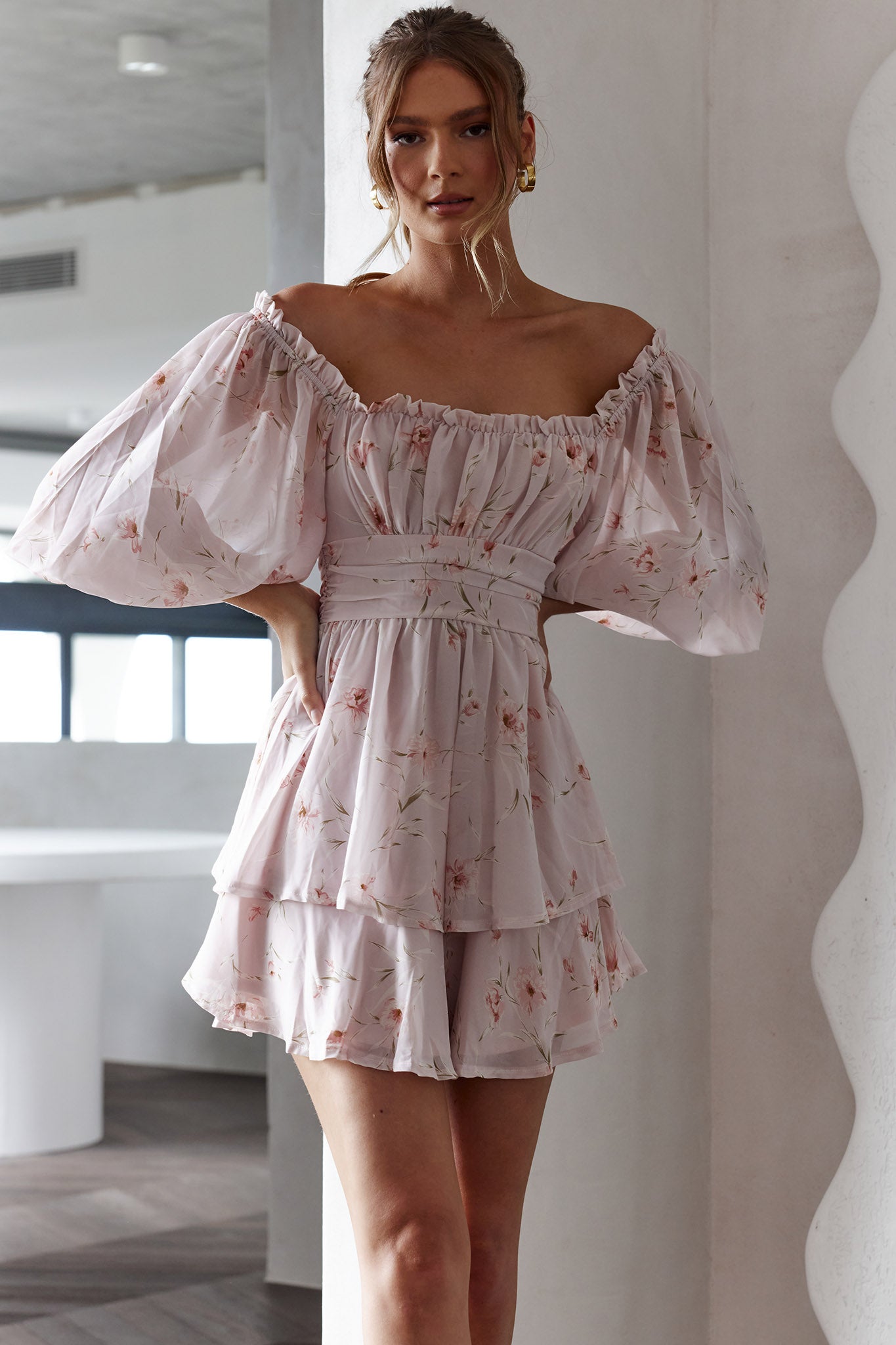 Forever Bloom Off-Shoulder Mini Dress Floral Pink-Maymioy