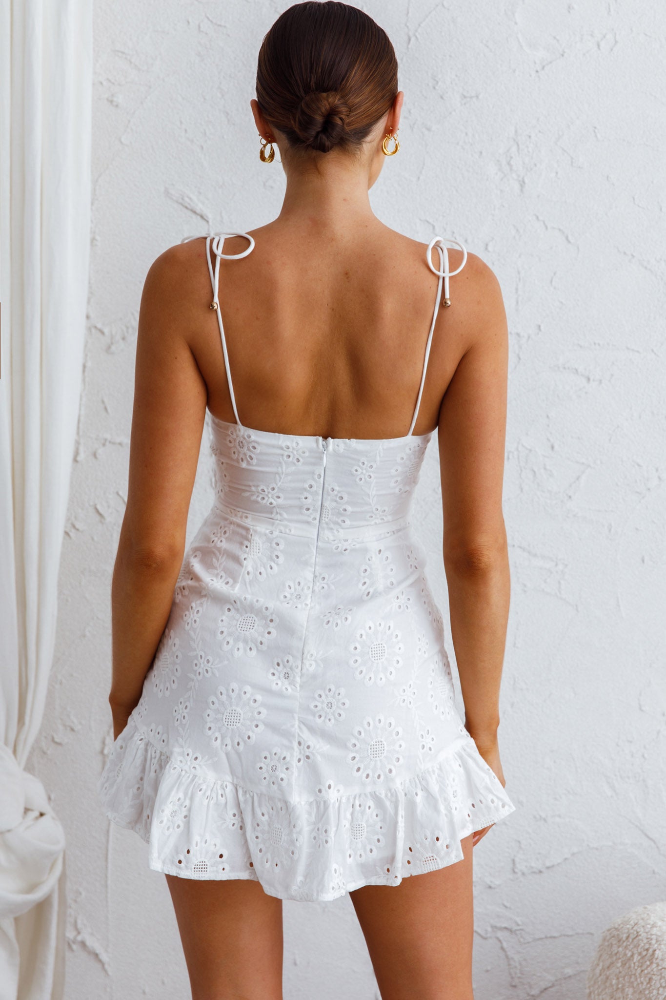 Sun City Twist Bust Eyelet Mini Dress White-Maymioy