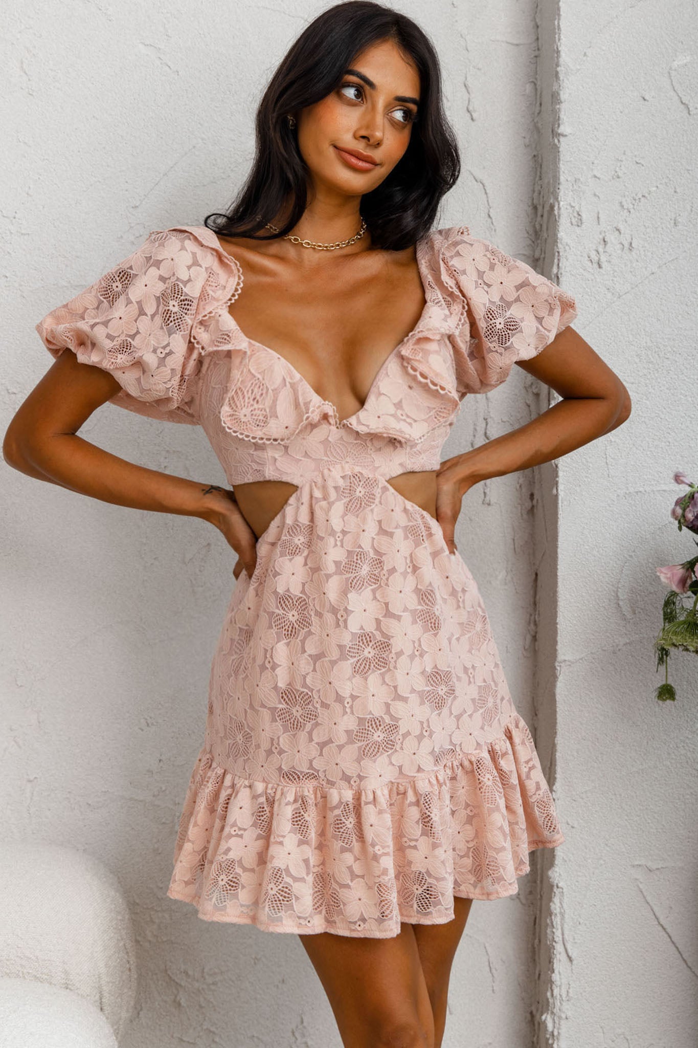 Sweet Life Cut-Out Waist Lace Dress Peach-Maymioy