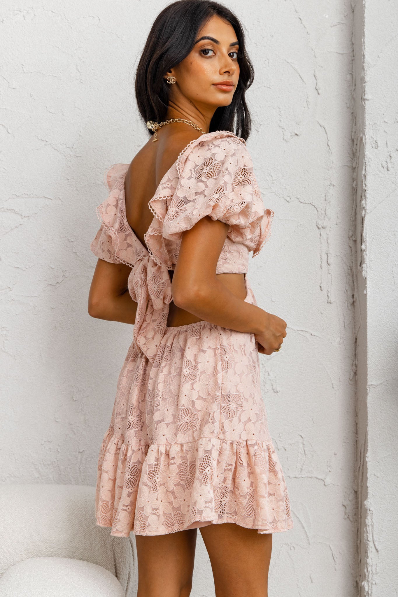 Sweet Life Cut-Out Waist Lace Dress Peach-Maymioy