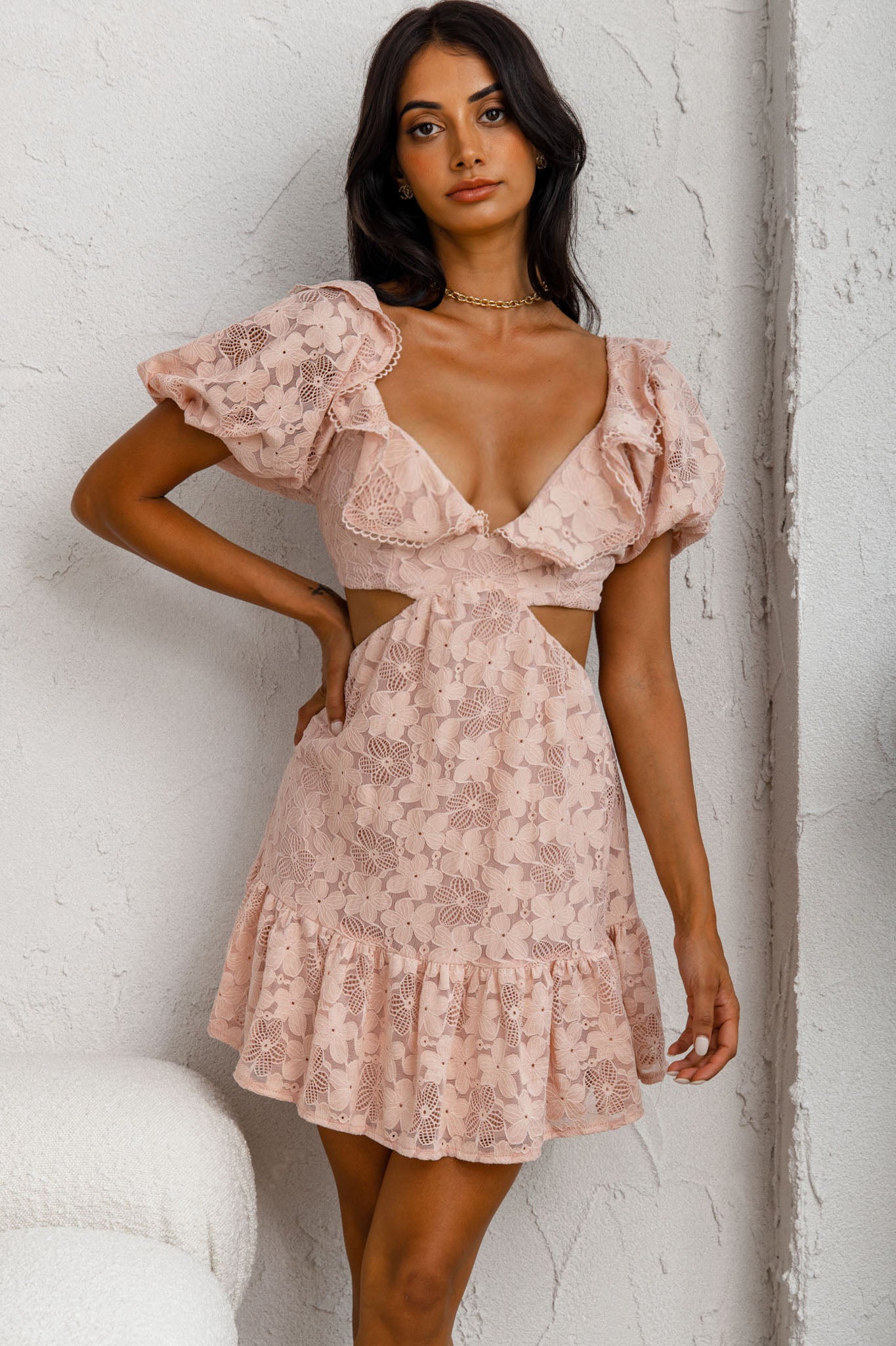 Sweet Life Cut-Out Waist Lace Dress Peach-Maymioy
