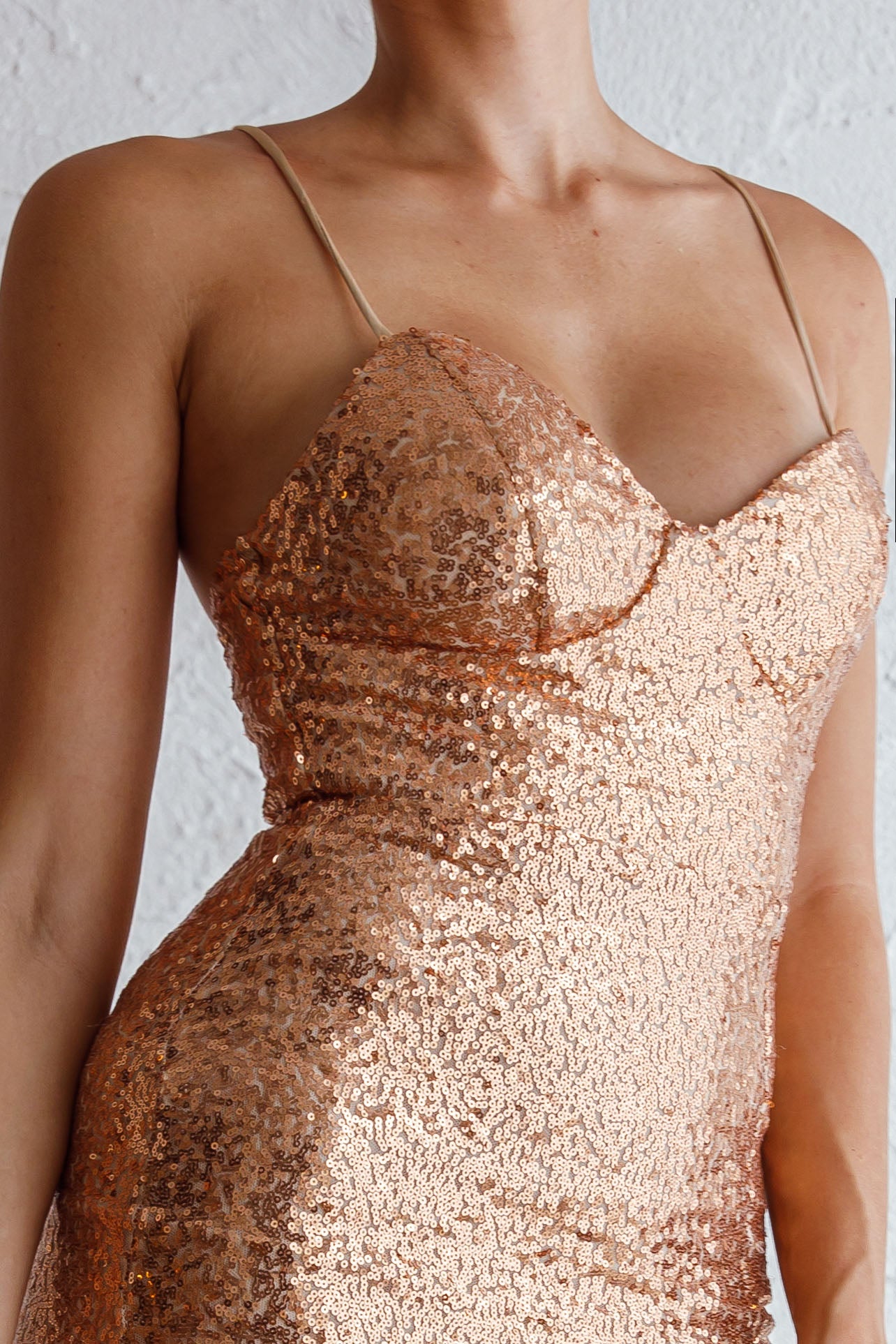 Stars Collide Lace-Up Back Knee Length Sequin Dress Rose Gold-Maymioy