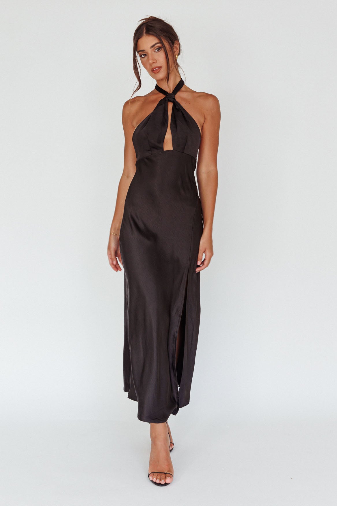 Te Amo Halterneck Open Back Midi Dress Black-Maymioy