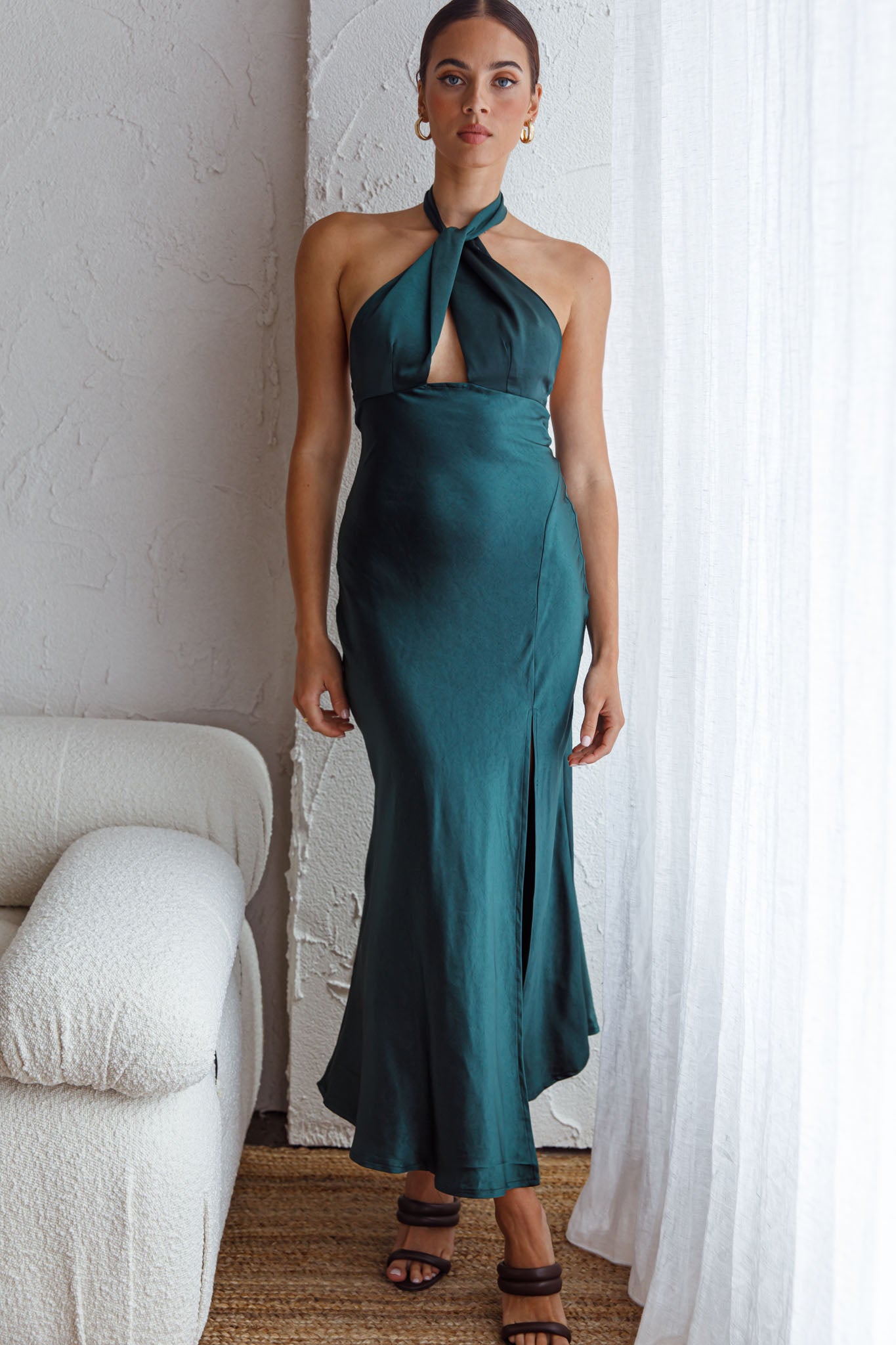 Te Amo Halterneck Open Back Midi Dress Forest Green-Maymioy