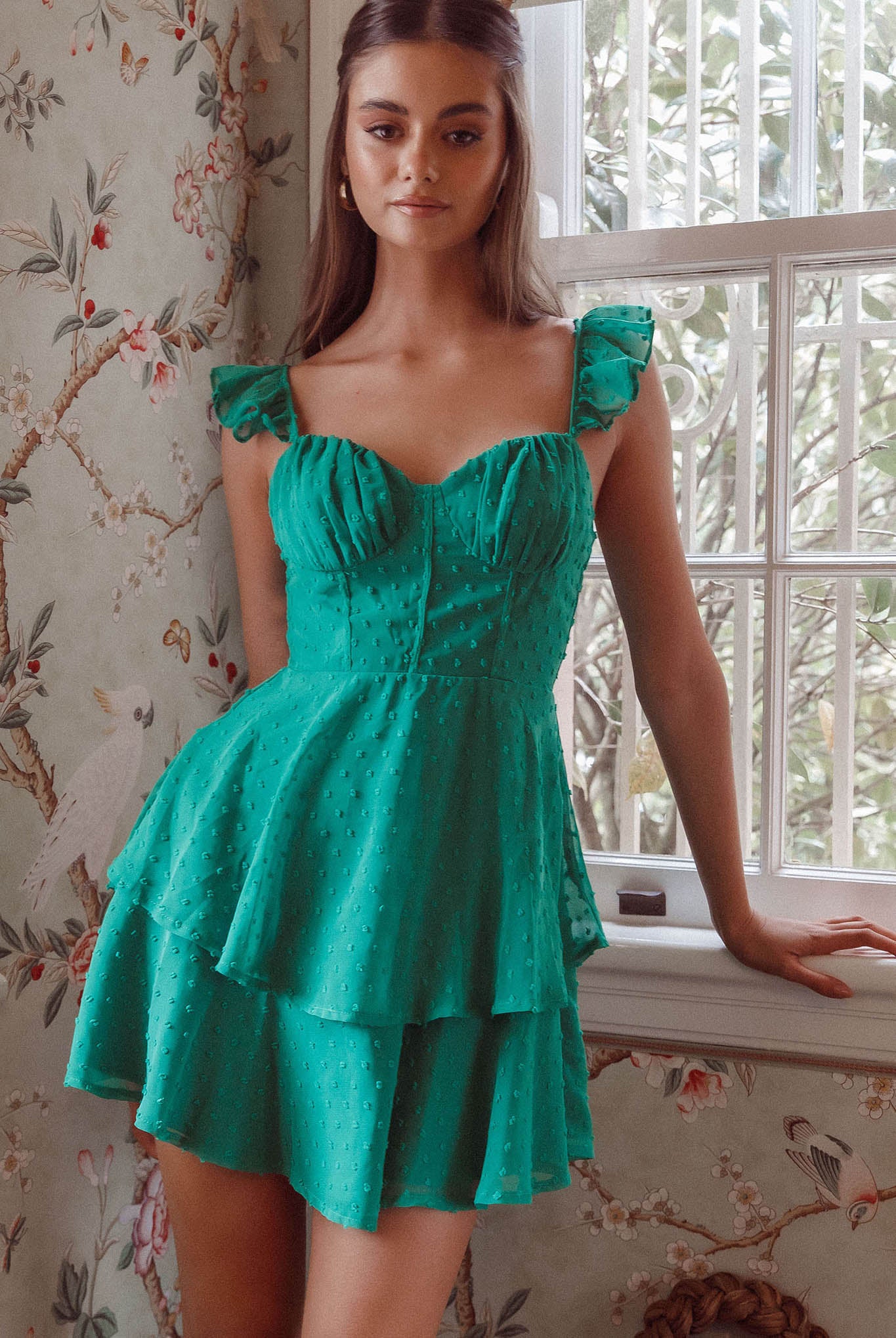 Theory Sweetheart Neckline Frill Strap Mini Dress Textured Green-Maymioy