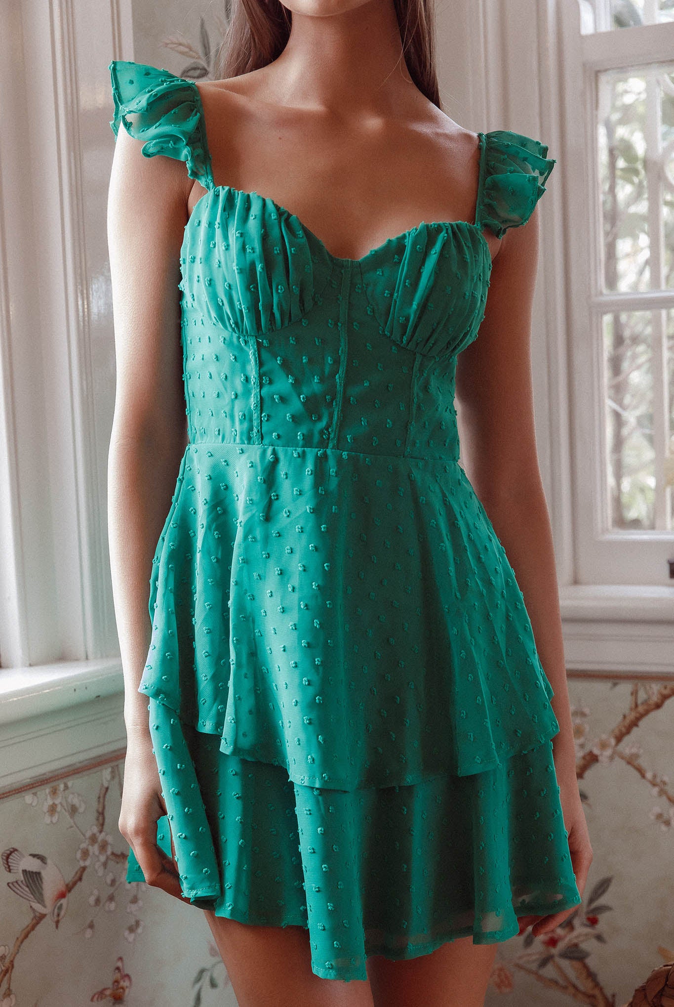 Theory Sweetheart Neckline Frill Strap Mini Dress Textured Green-Maymioy