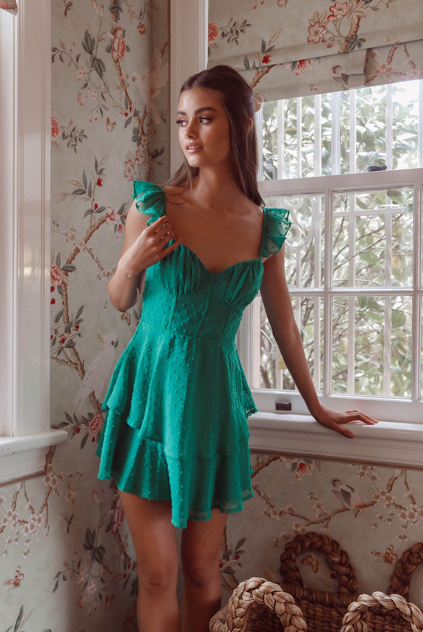 Theory Sweetheart Neckline Frill Strap Mini Dress Textured Green-Maymioy