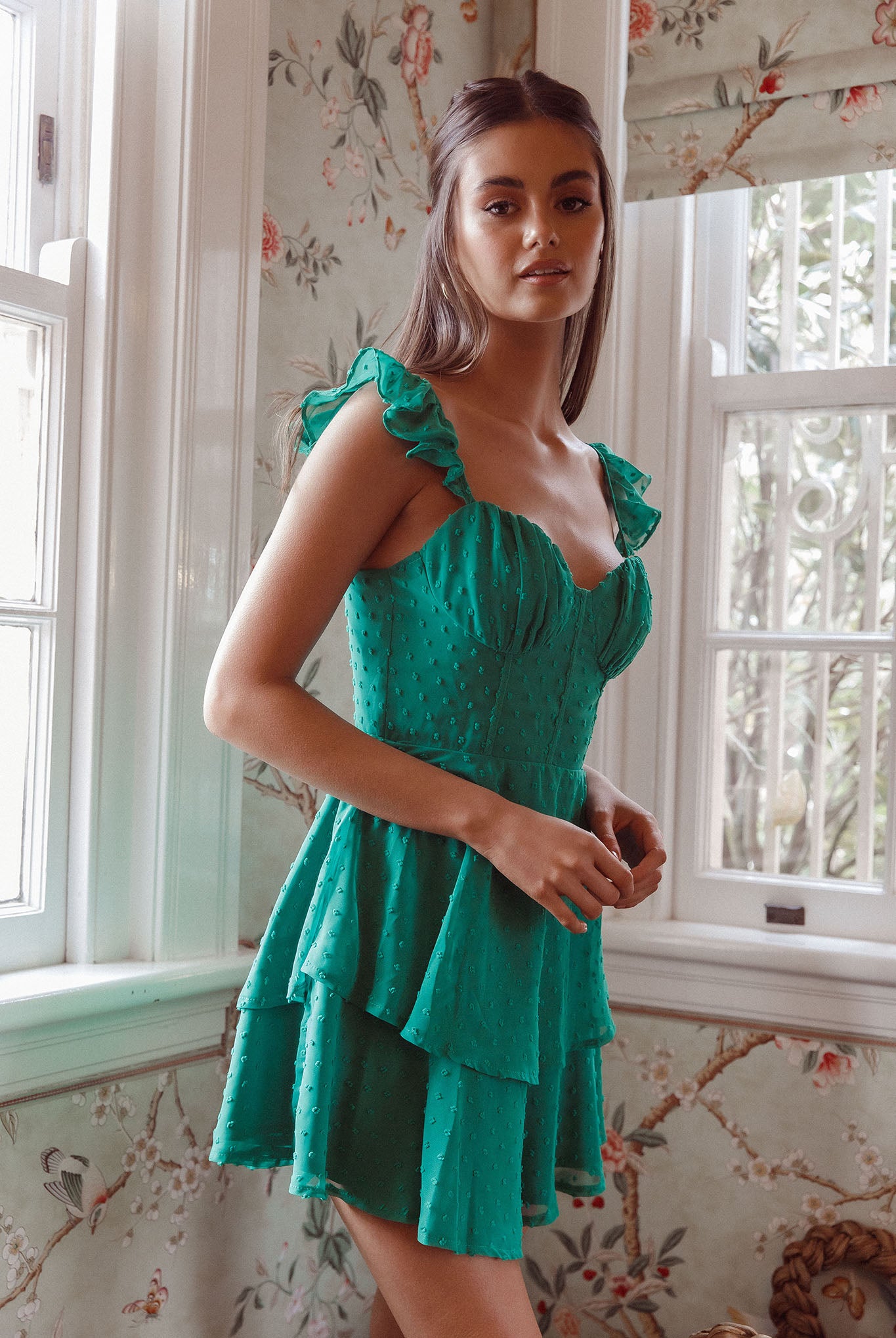 Theory Sweetheart Neckline Frill Strap Mini Dress Textured Green-Maymioy