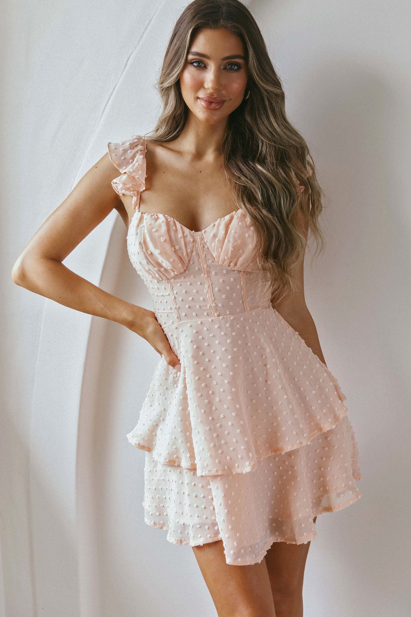 Theory Sweetheart Neckline Frill Strap Mini Dress Textured Peach-Maymioy