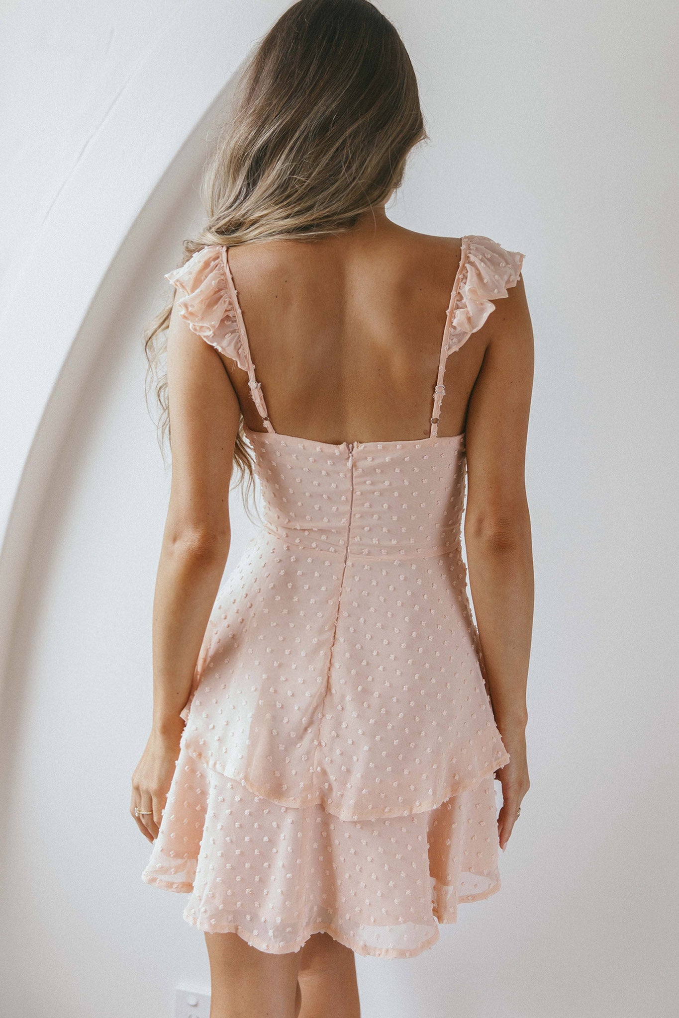 Theory Sweetheart Neckline Frill Strap Mini Dress Textured Peach-Maymioy