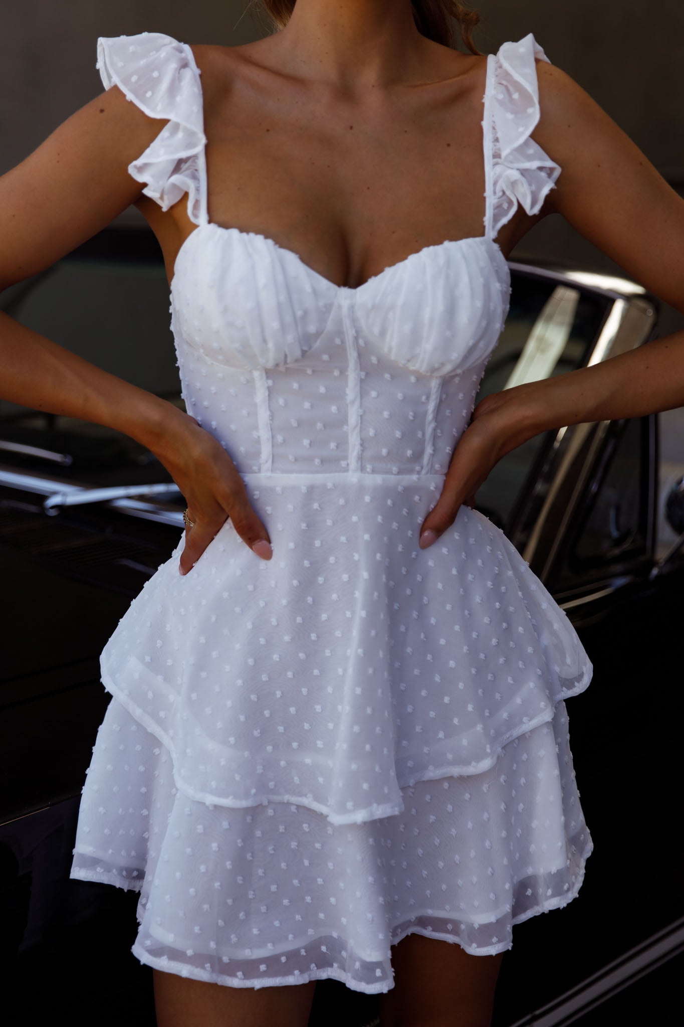Theory Sweetheart Neckline Frill Strap Mini Dress Textured White-Maymioy