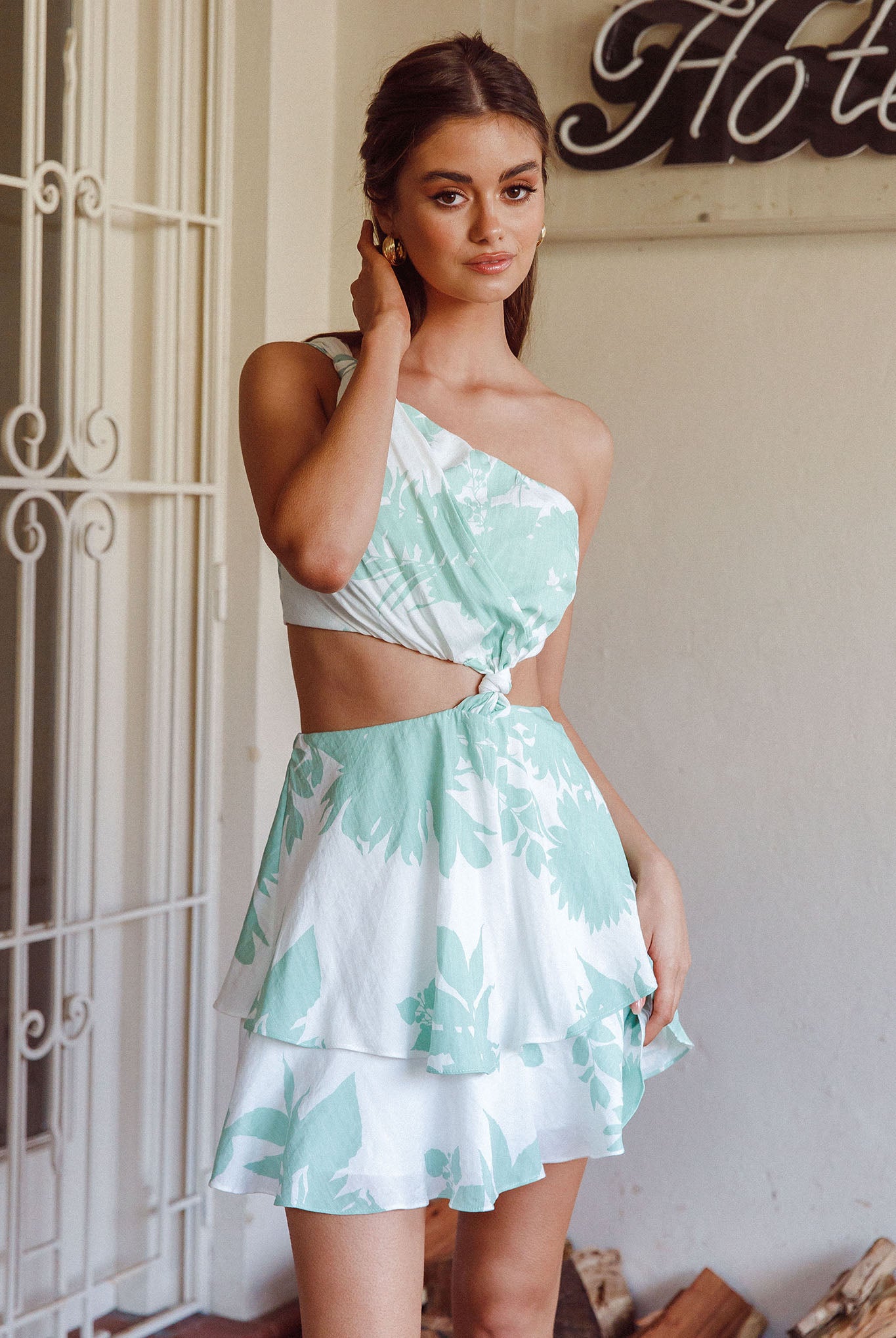 Olli One-Shoulder Cut-Out Dress Print Sage-Maymioy
