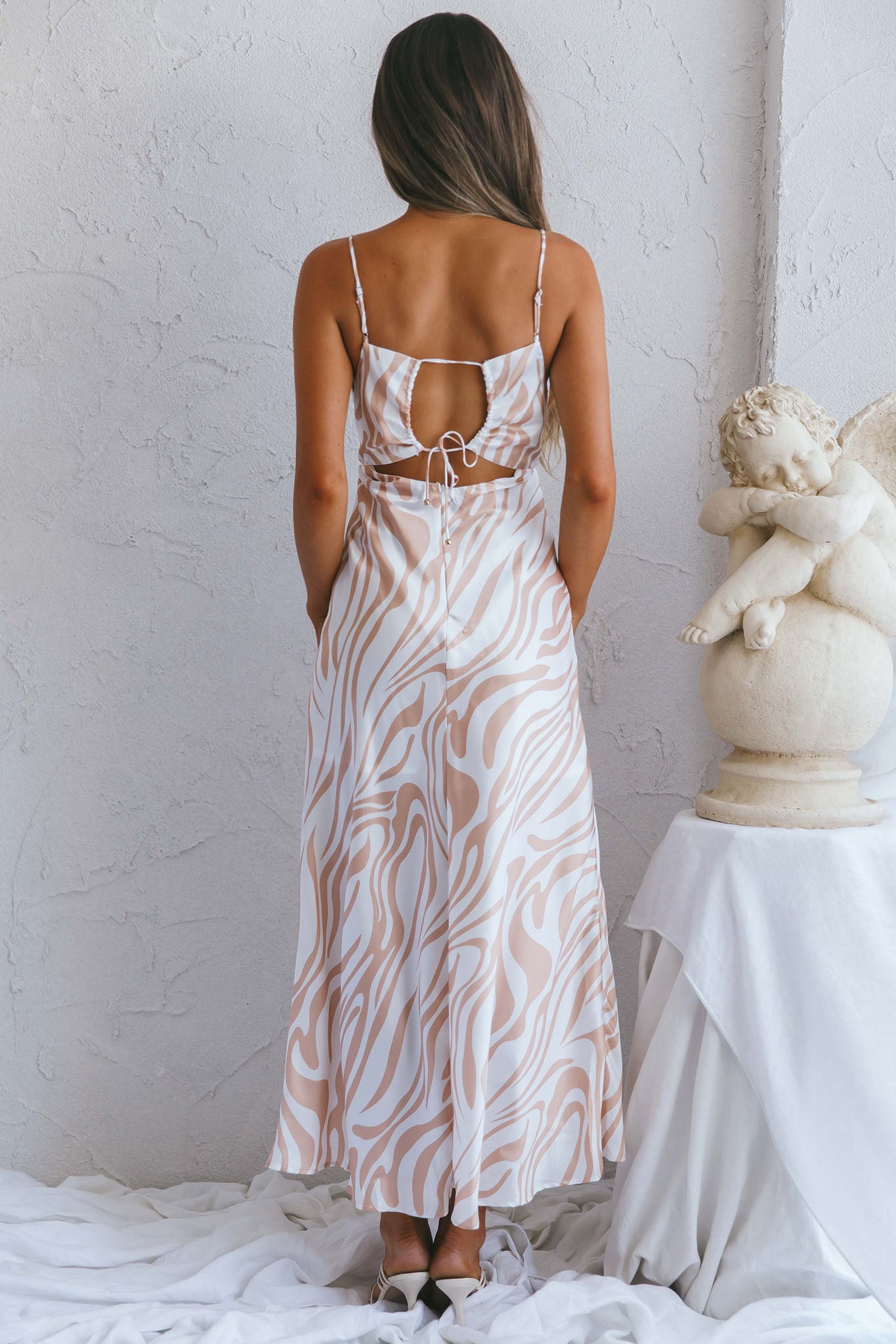 Jasper Cowl Neck Cut-Out Drawstring Back Midi Dress Zebra Print Beige-Maymioy