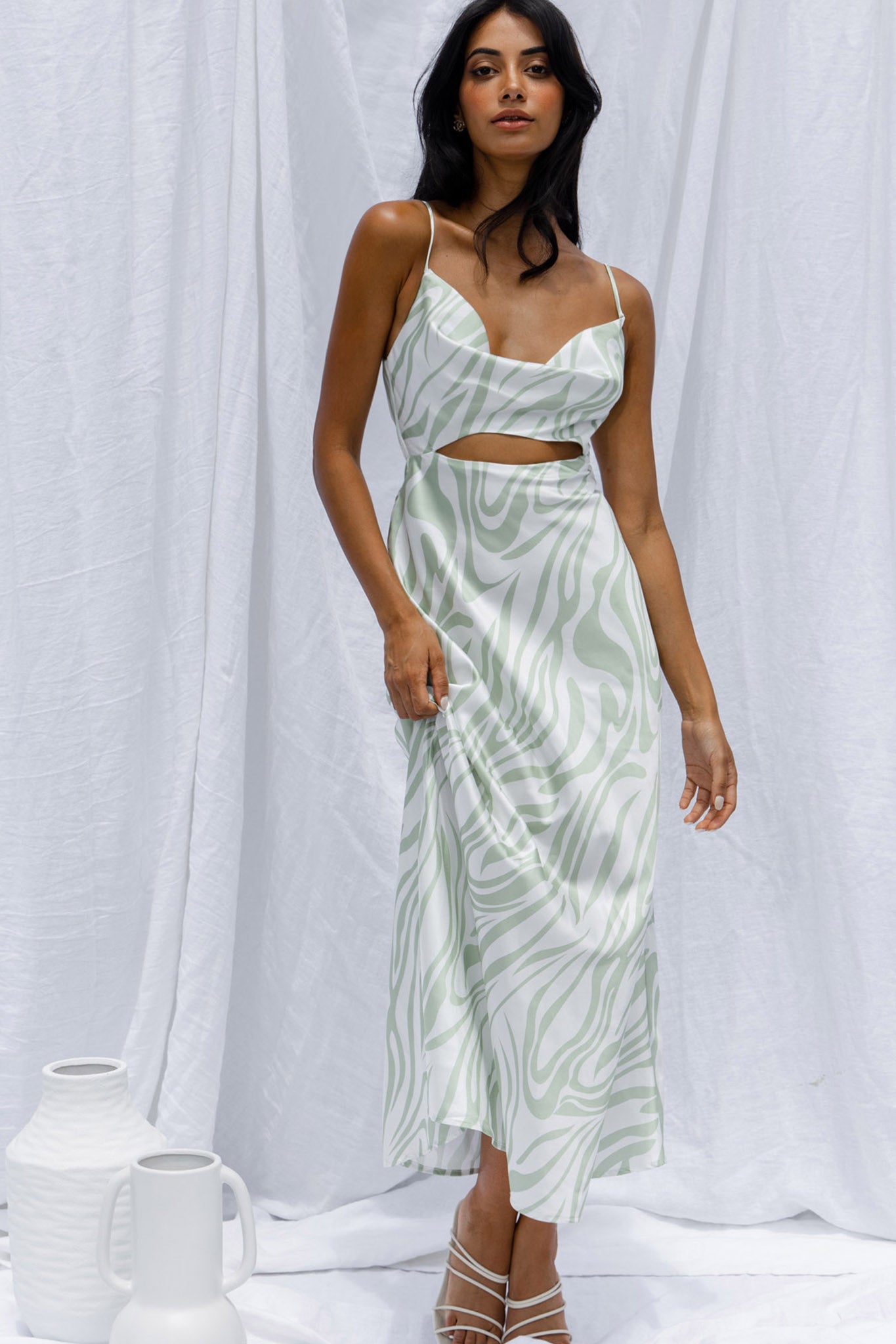 Jasper Cowl Neck Cut-Out Drawstring Back Midi Dress Zebra Print Lime-Maymioy