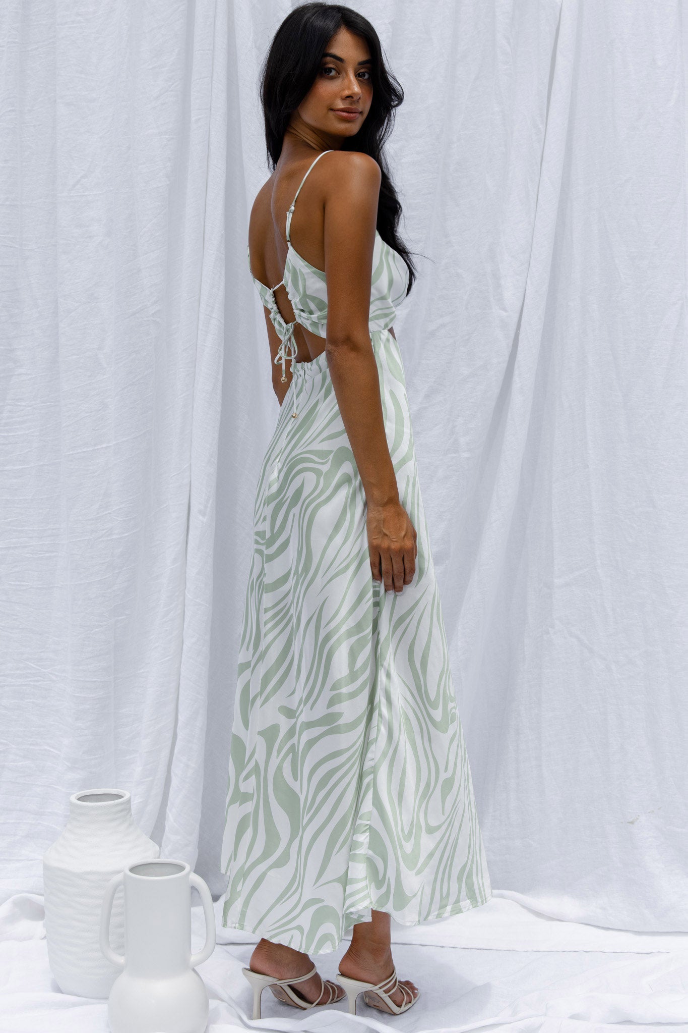 Jasper Cowl Neck Cut-Out Drawstring Back Midi Dress Zebra Print Lime-Maymioy