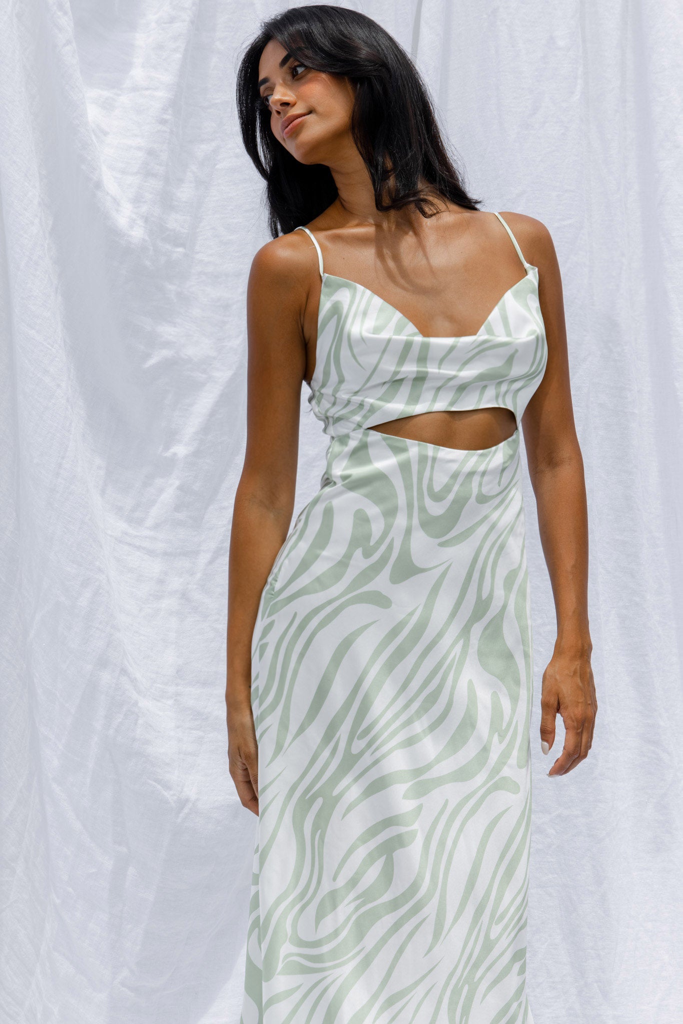 Jasper Cowl Neck Cut-Out Drawstring Back Midi Dress Zebra Print Lime-Maymioy