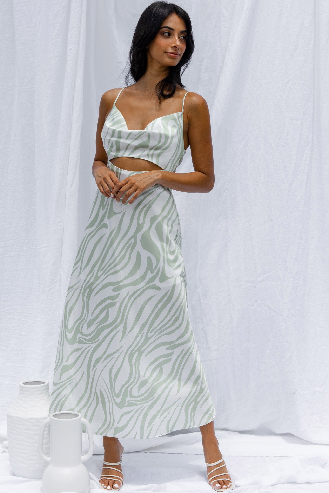 Jasper Cowl Neck Cut-Out Drawstring Back Midi Dress Zebra Print Lime-Maymioy