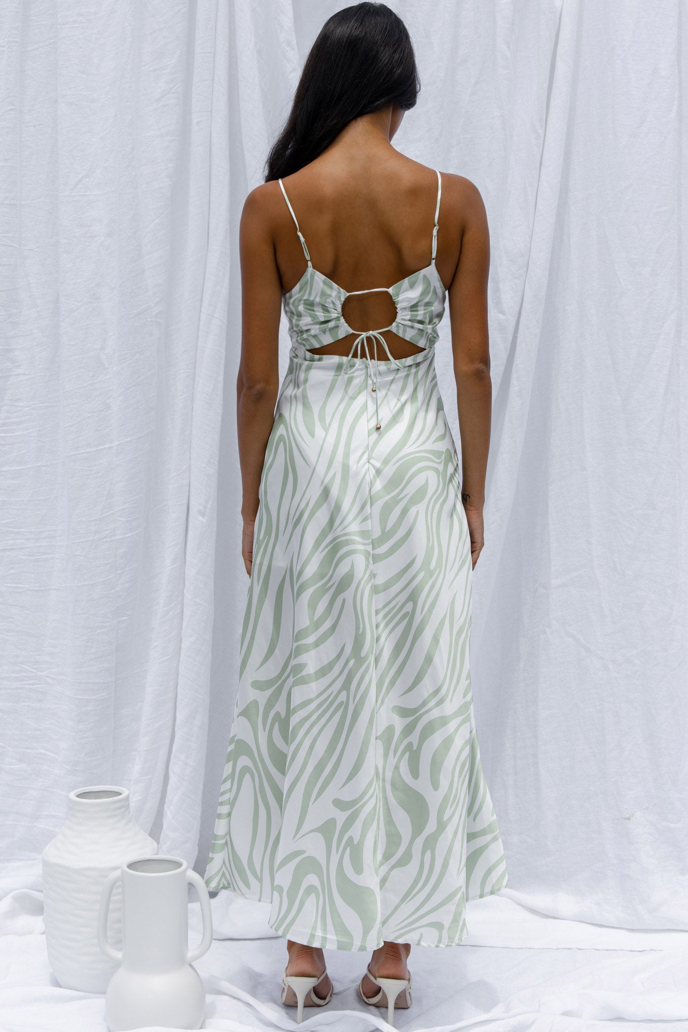 Jasper Cowl Neck Cut-Out Drawstring Back Midi Dress Zebra Print Lime-Maymioy
