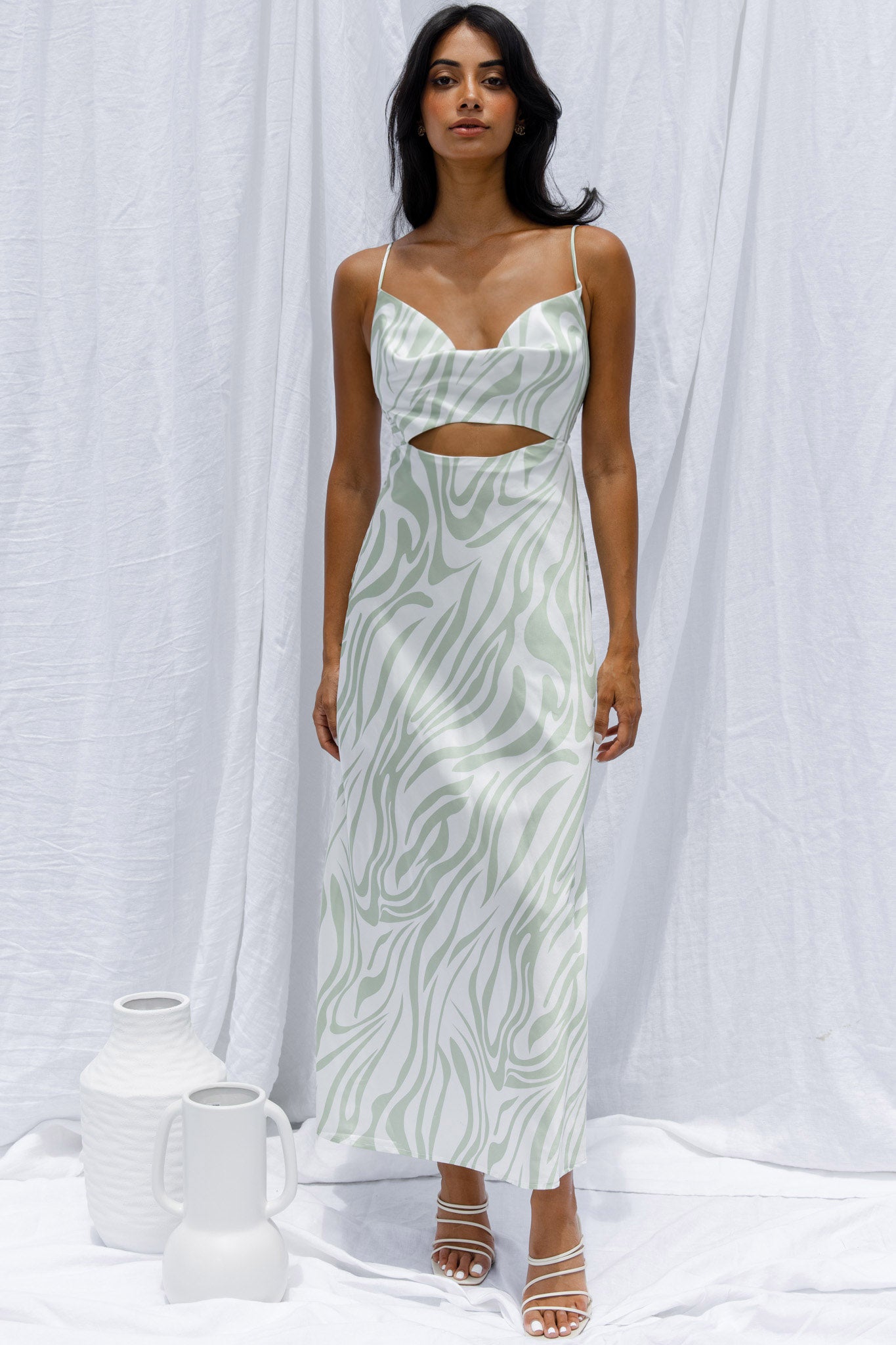Jasper Cowl Neck Cut-Out Drawstring Back Midi Dress Zebra Print Lime-Maymioy