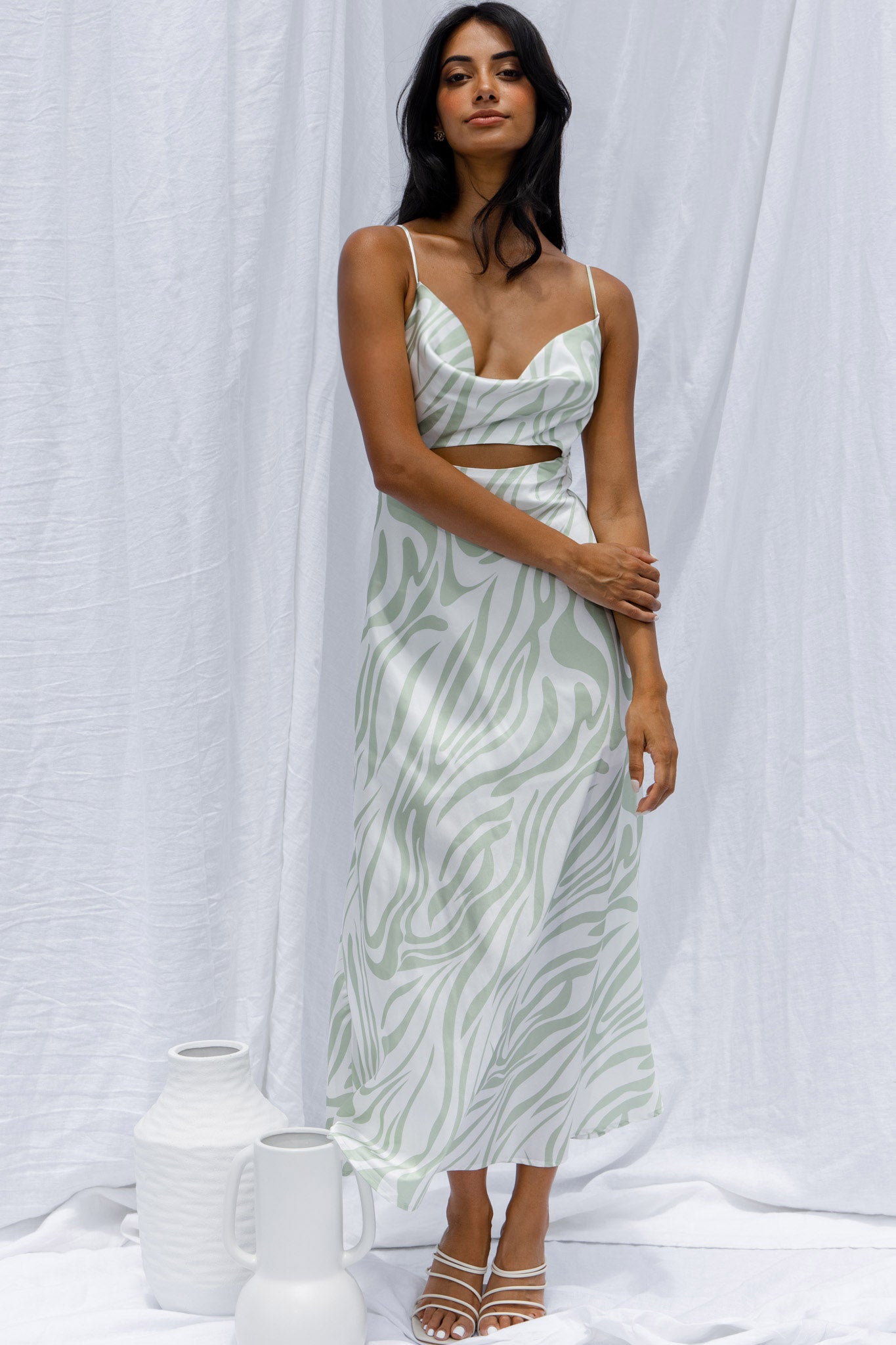Jasper Cowl Neck Cut-Out Drawstring Back Midi Dress Zebra Print Lime-Maymioy