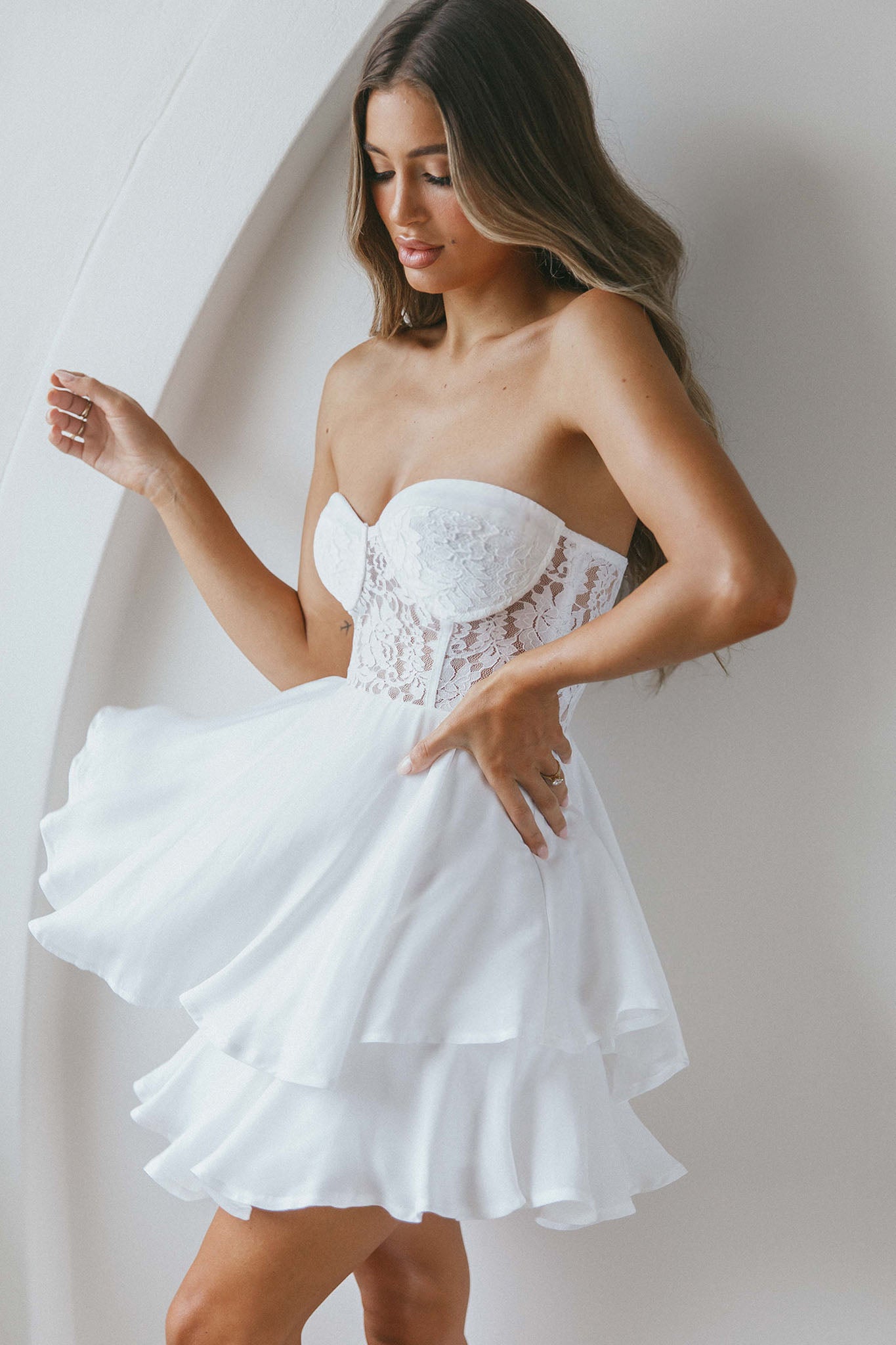 In Your Arms Strapless Lace Bodice Layered Hem Mini Dress White-Maymioy