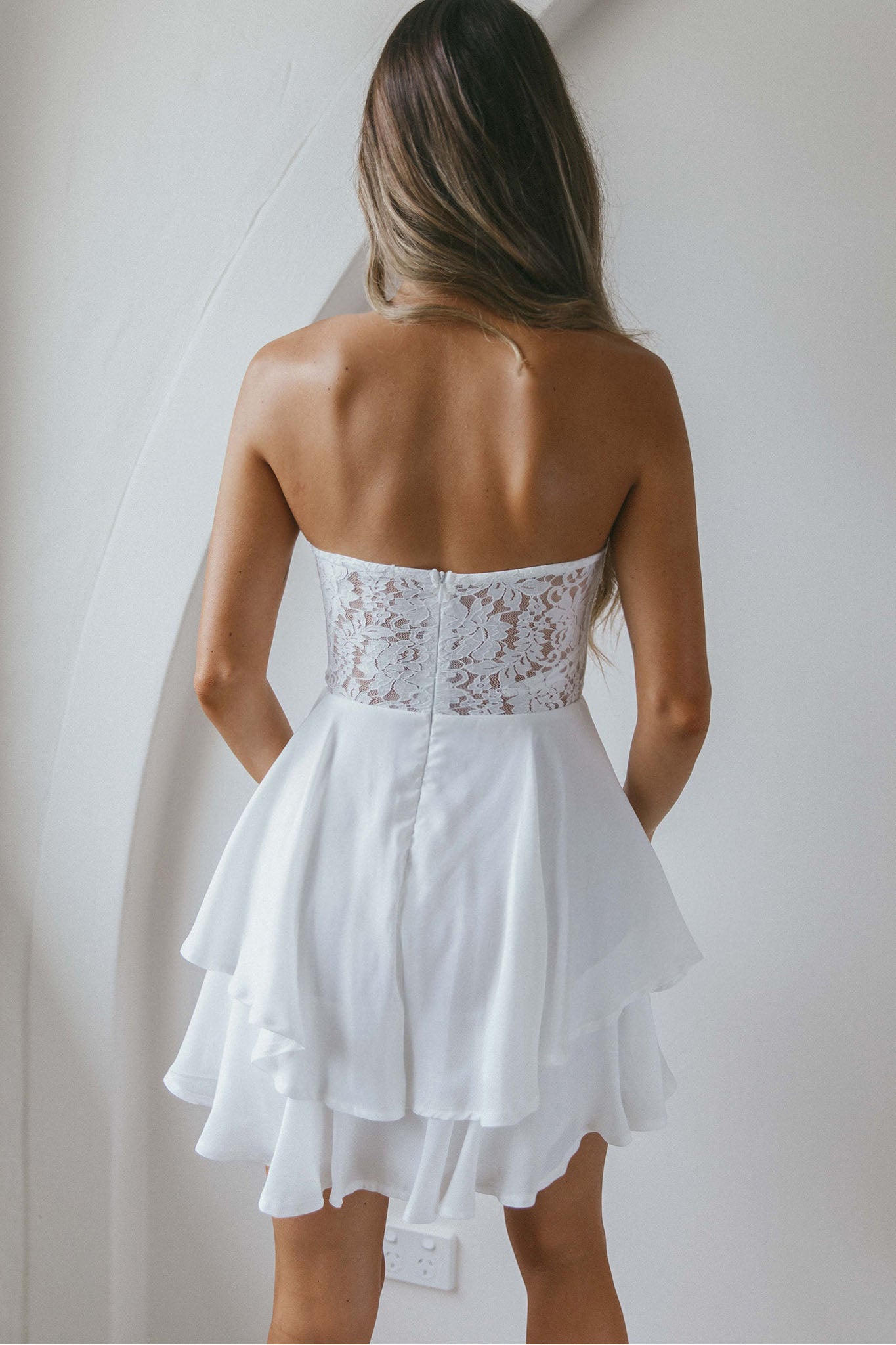 In Your Arms Strapless Lace Bodice Layered Hem Mini Dress White-Maymioy