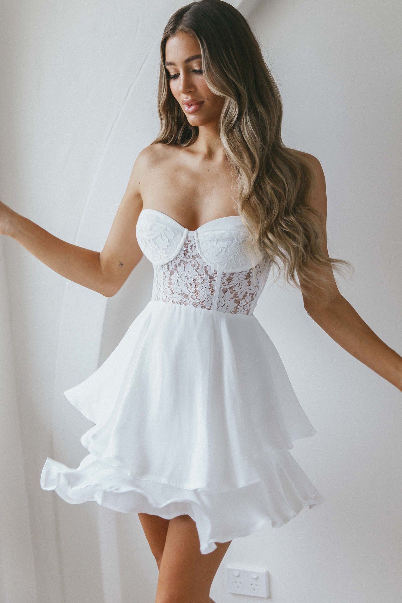In Your Arms Strapless Lace Bodice Layered Hem Mini Dress White-Maymioy