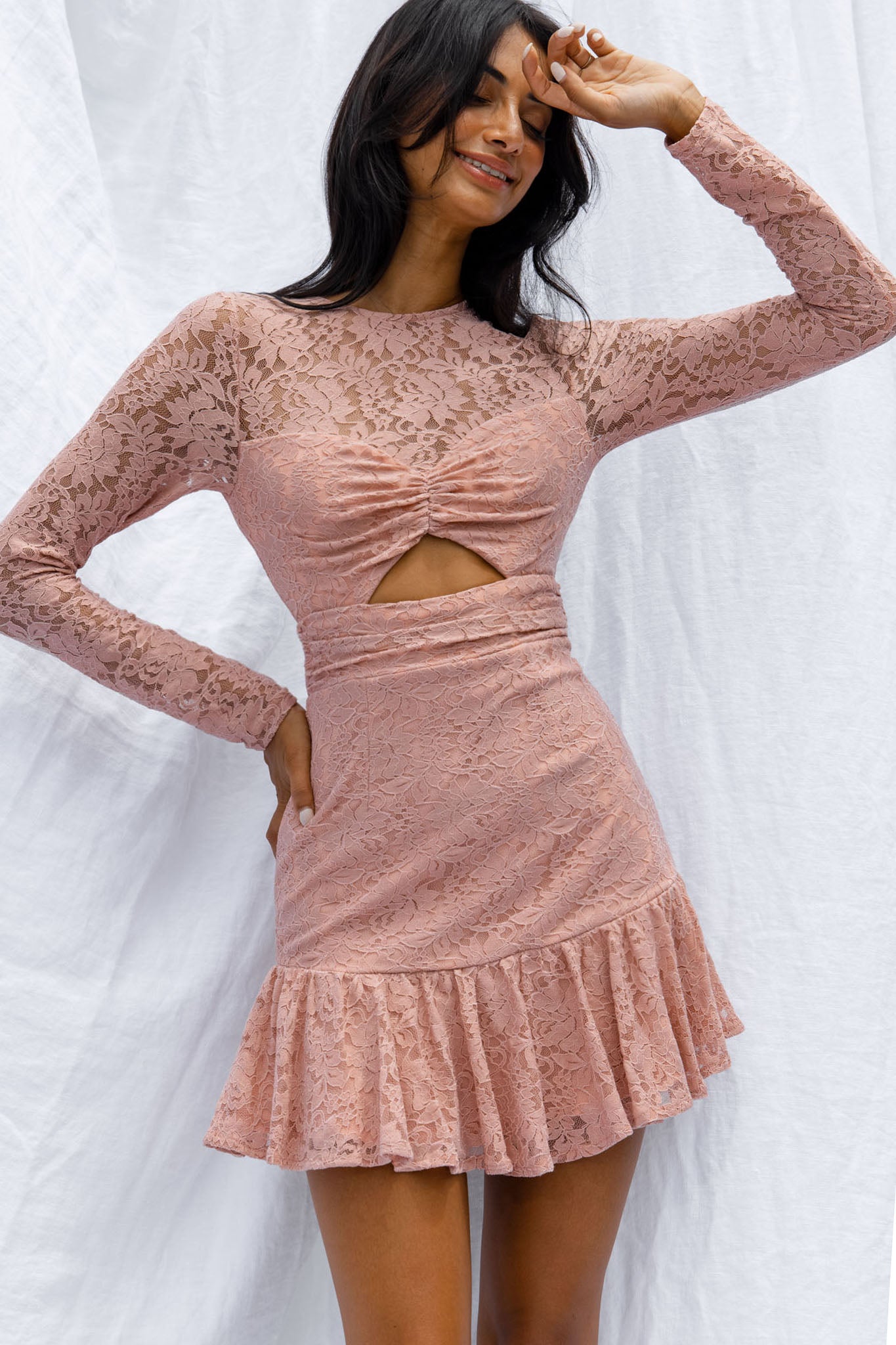 Hearts Aflutter Long Sleeve Open Back Lace Mini Dress Blush-Maymioy