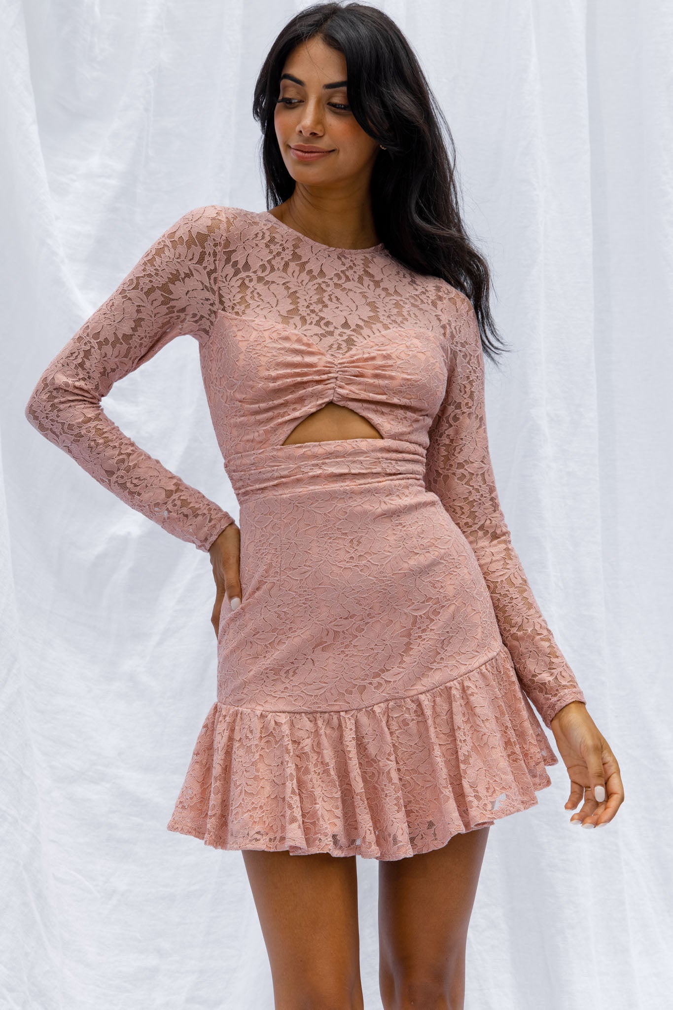 Hearts Aflutter Long Sleeve Open Back Lace Mini Dress Blush-Maymioy