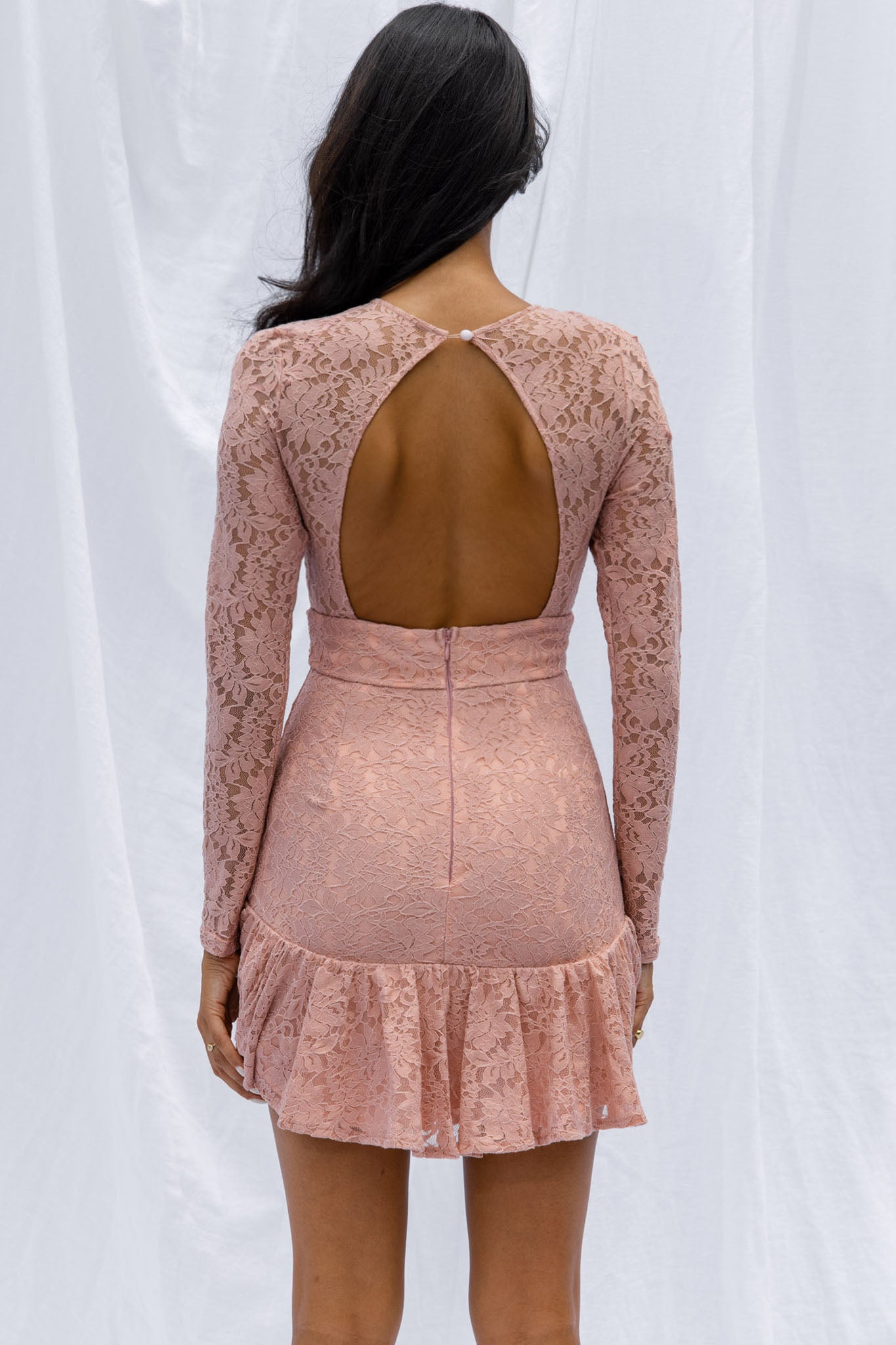 Hearts Aflutter Long Sleeve Open Back Lace Mini Dress Blush-Maymioy